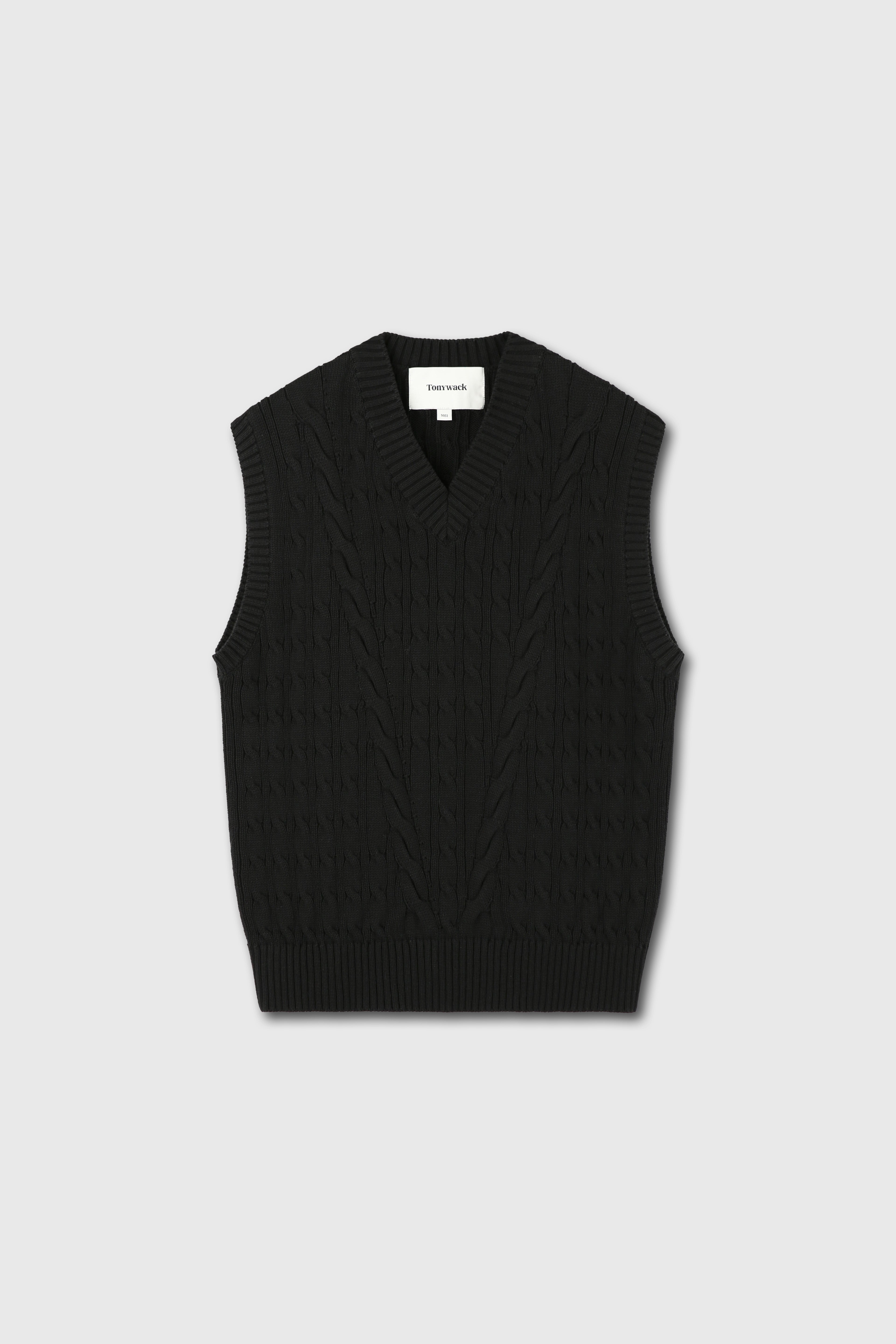 Cotton Twist V-Cable knit Vest_ Black