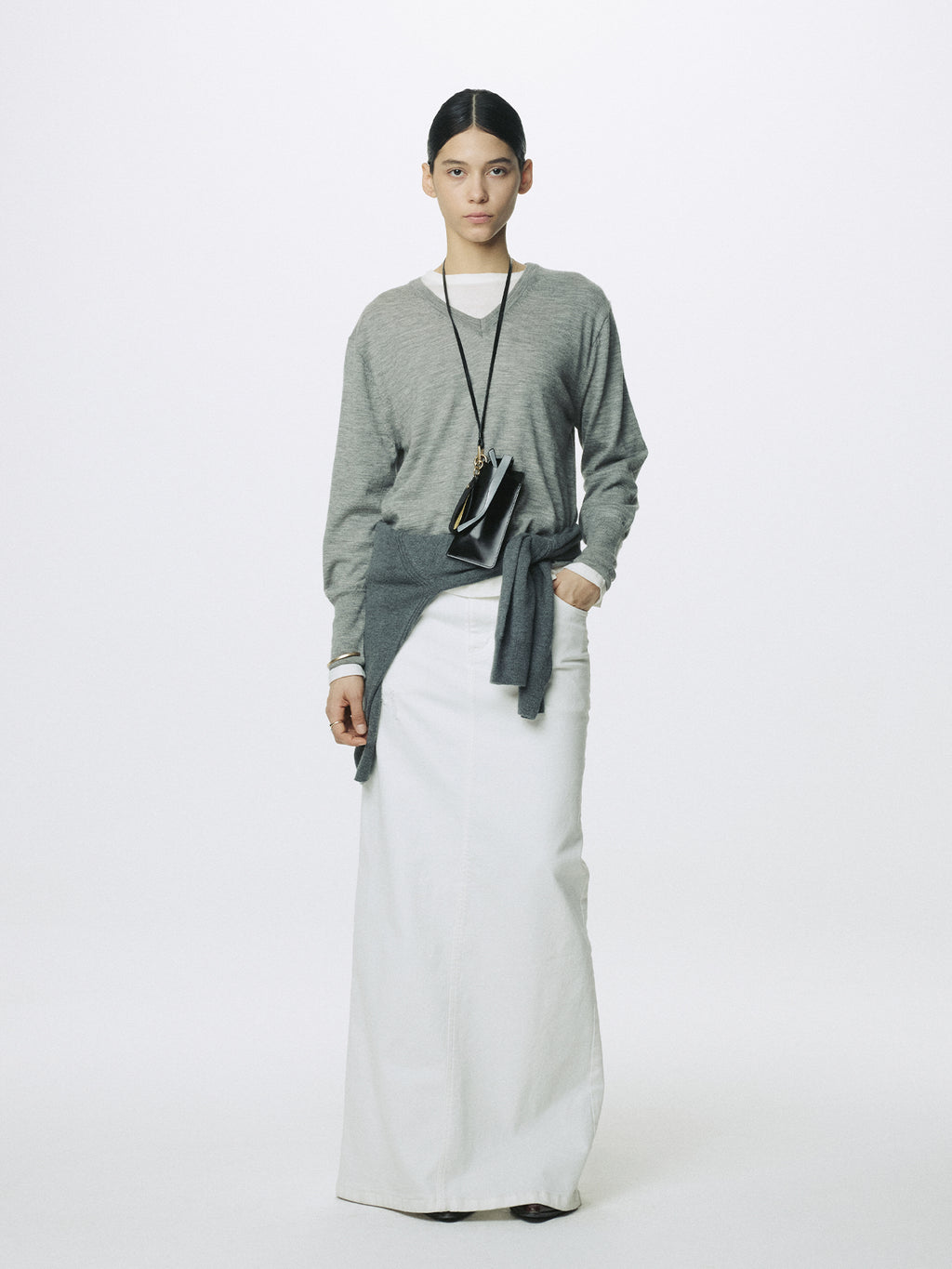 (W) WHITE SLIM FIT DENIM MAXI SKIRT_ OFF WHITE