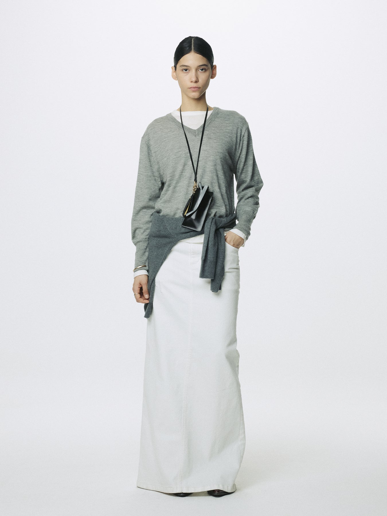 (W) WHITE SLIM FIT DENIM MAXI SKIRT_ OFF WHITE