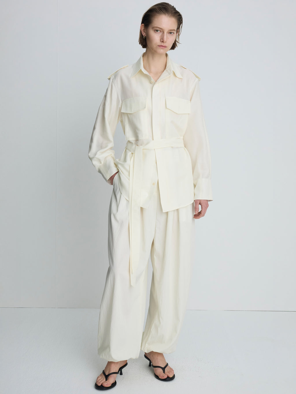 (W) SILK TWILL MILITARY FIELD SHIRT JACKET_ IVORY