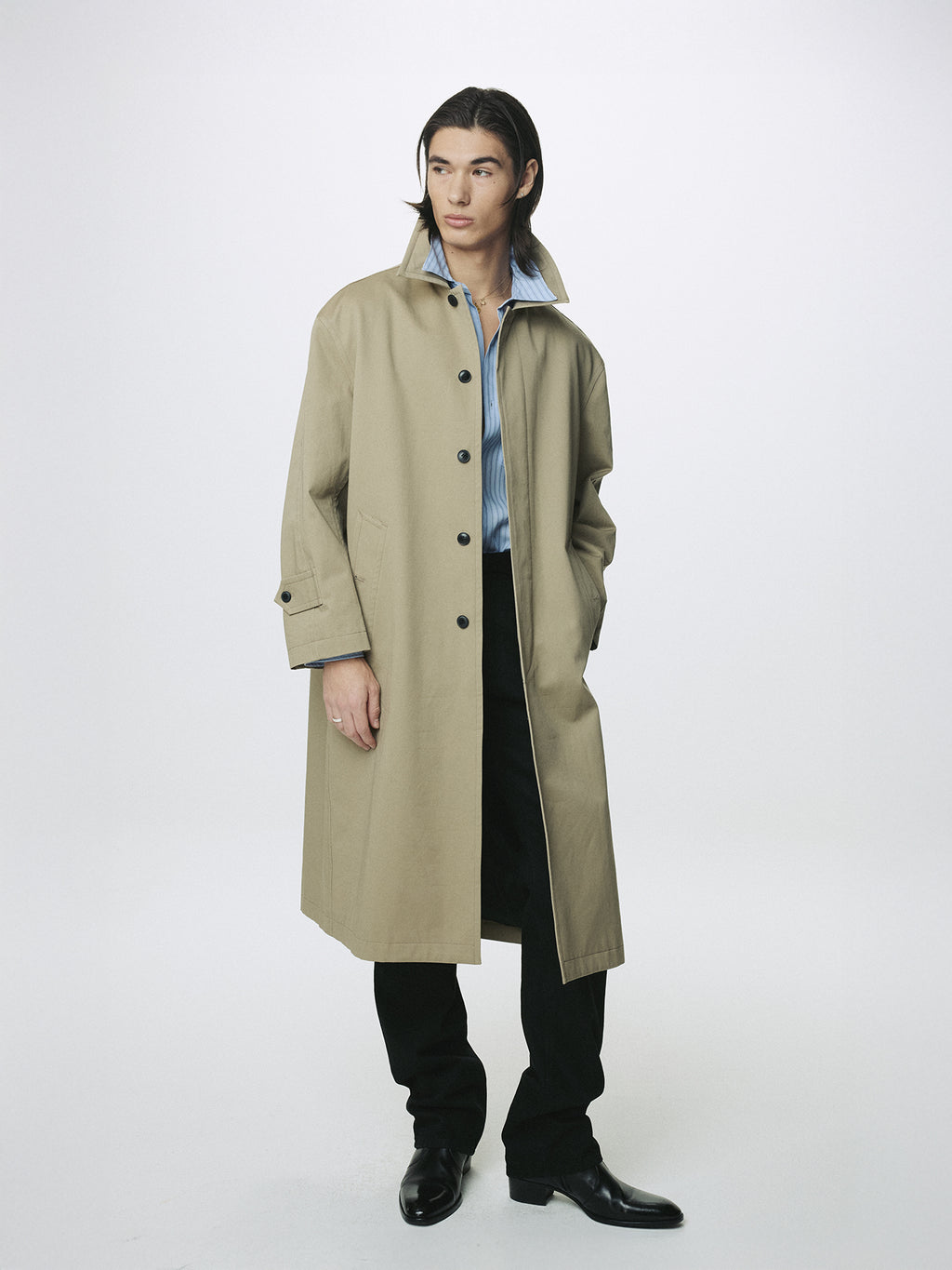 COTTON DRILL SINGLE-BREASTED OVERCOAT_ BEIGE