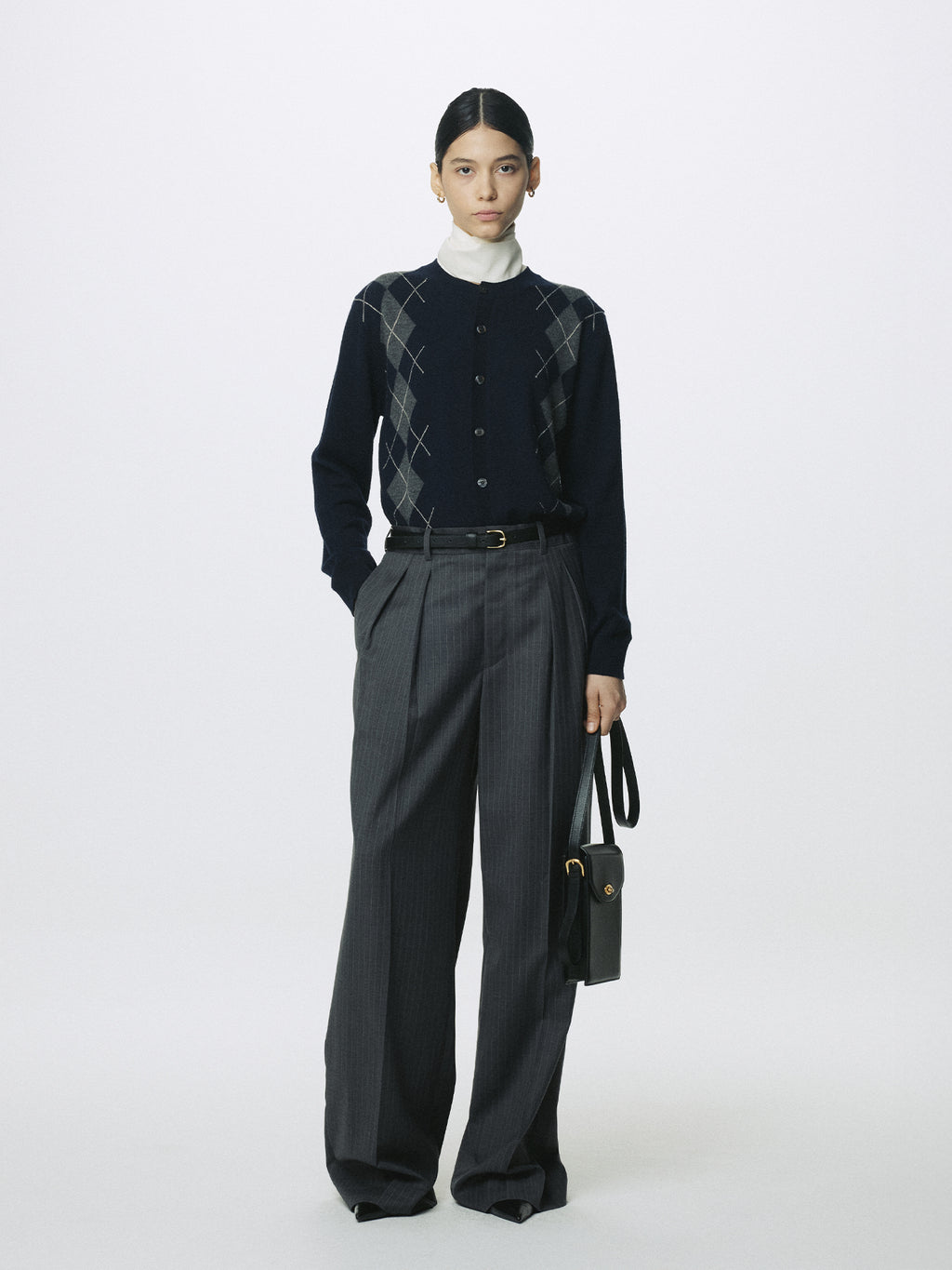 (W) STRIPED WOOL DOUBLE-PLEATED WIDE TROUSERS_ GREY STRIPE