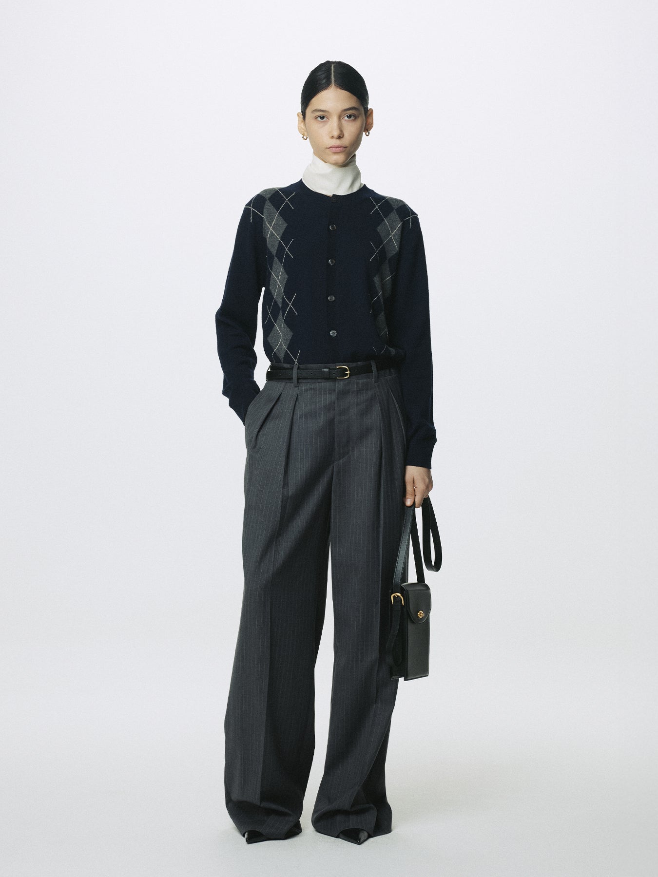 (W) STRIPED WOOL DOUBLE-PLEATED WIDE TROUSERS_ GREY STRIPE