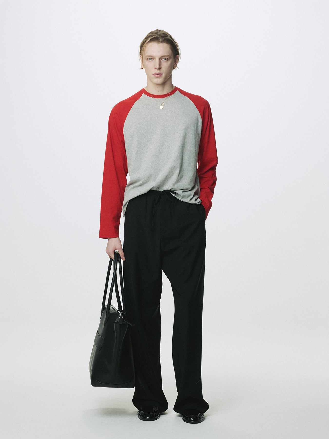 WASHED COTTON BASEBALL LONG SLEEVE_ MELANGE GREY/RED
