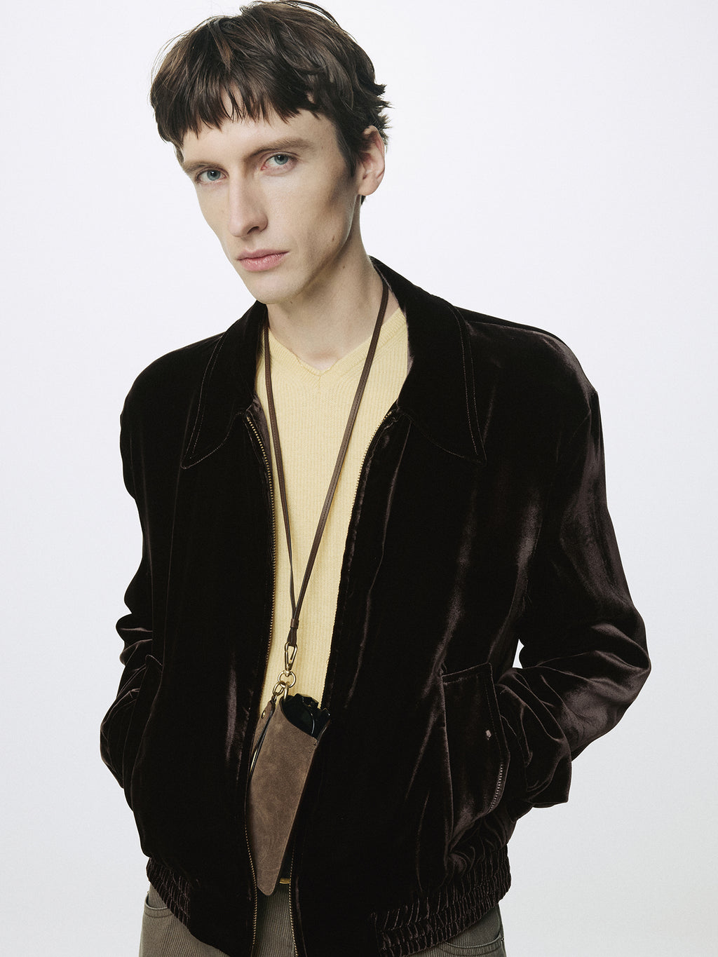 VELVET ZIPPERED BLOUSON JACKET_ DARK BROWN