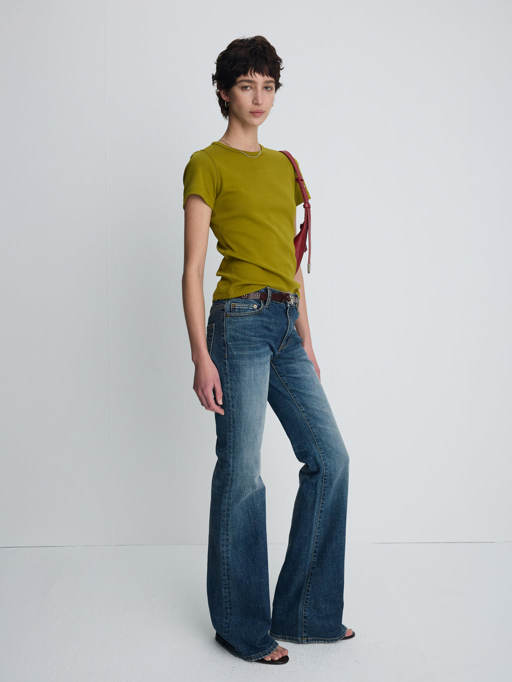 (W) RIBBED HALF SLEEVE T-SHIRTS_ OLIVE