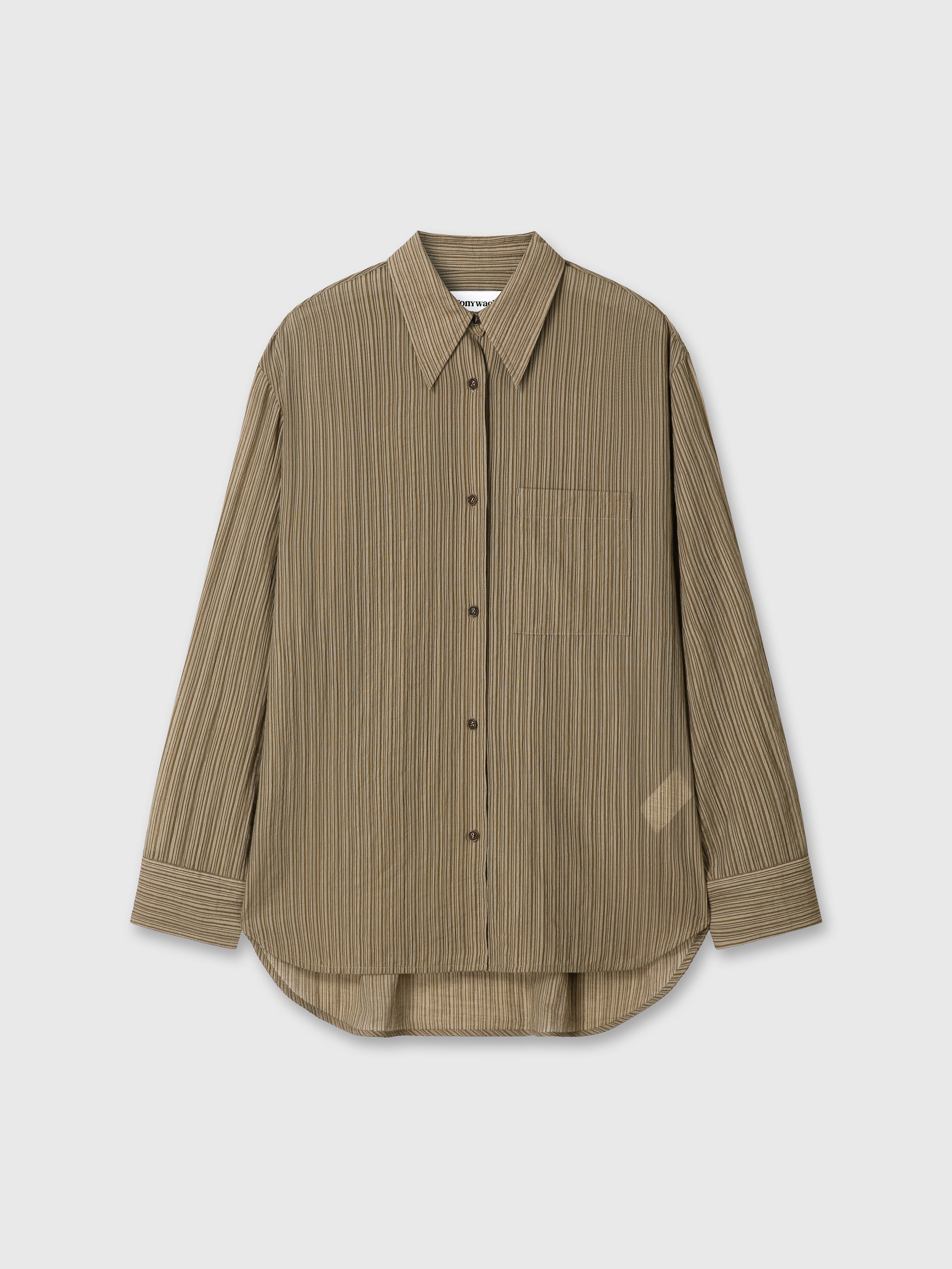 (W) LYOCELL OVERSIZED STRIPE SHIRT_ OLIVE STRIPE
