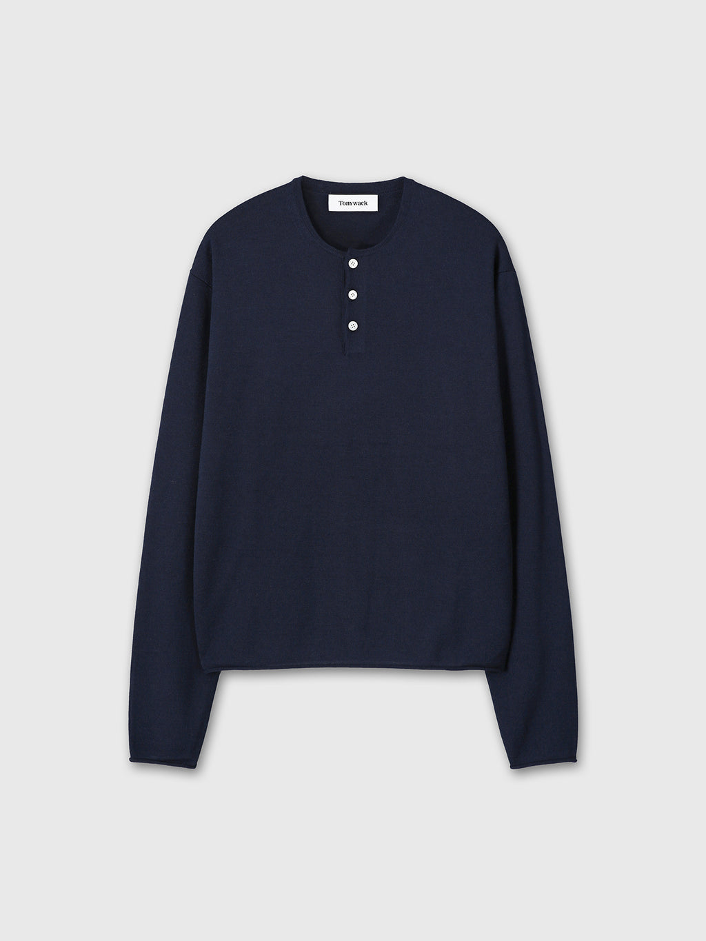 EXTRA FINE WOOL RAW HEM HENLEY NECK KNIT_ NAVY