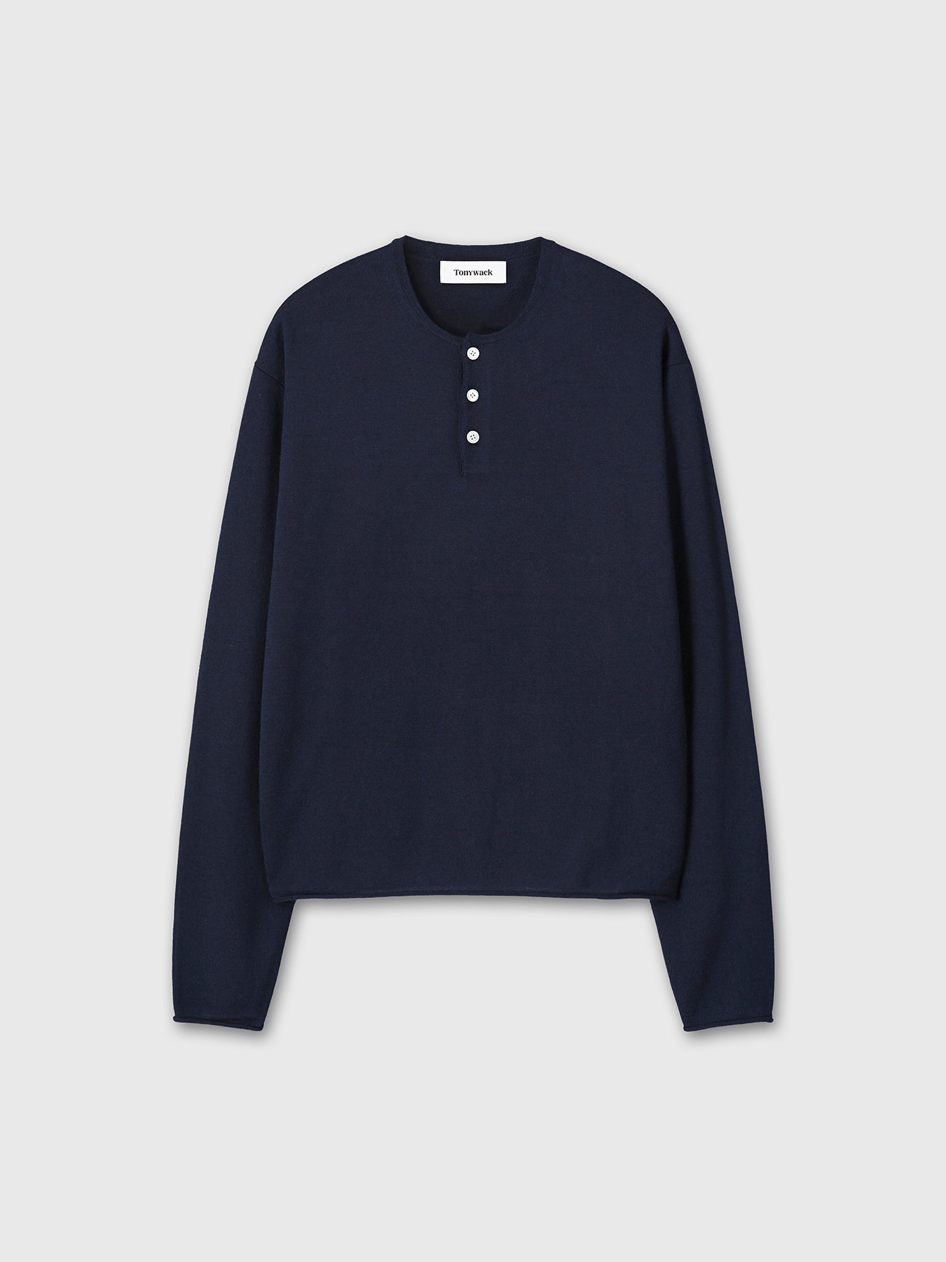 EXTRA FINE WOOL RAW HEM HENLEY NECK KNIT_ NAVY