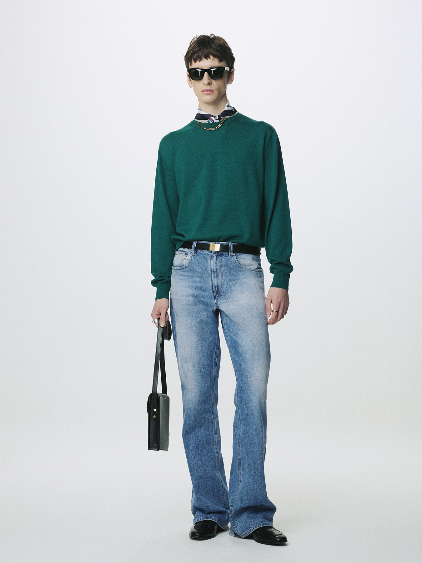 FLARED-LEG DISTRESSED DENIM JEANS_ FADED BLUE