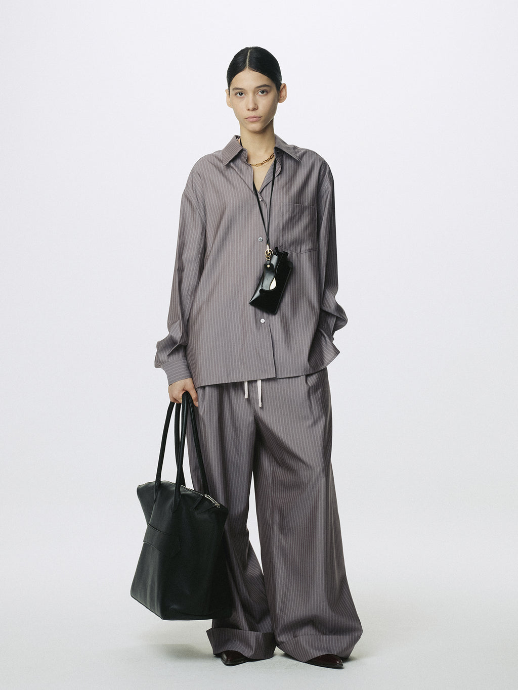 (W) SILK WOOL OVERSIZED RAW EDGE SHIRT_ DARK GREY STRIPE