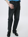 FRAYED HEM LOOSE STRAIGHT DENIM JEANS_ WASHED BLACK