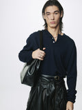 EXTRA FINE WOOL RAW HEM HENLEY NECK KNIT_ NAVY