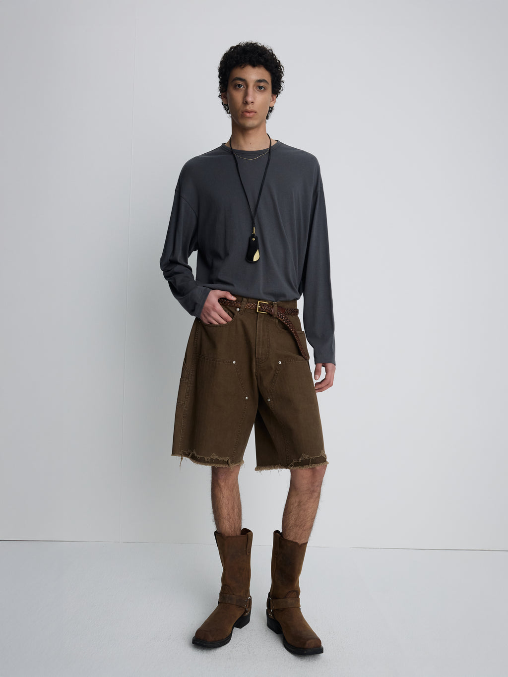HAND DISTRESSED HBT DOUBLE KNEE SHORTS_ FADED BROWN