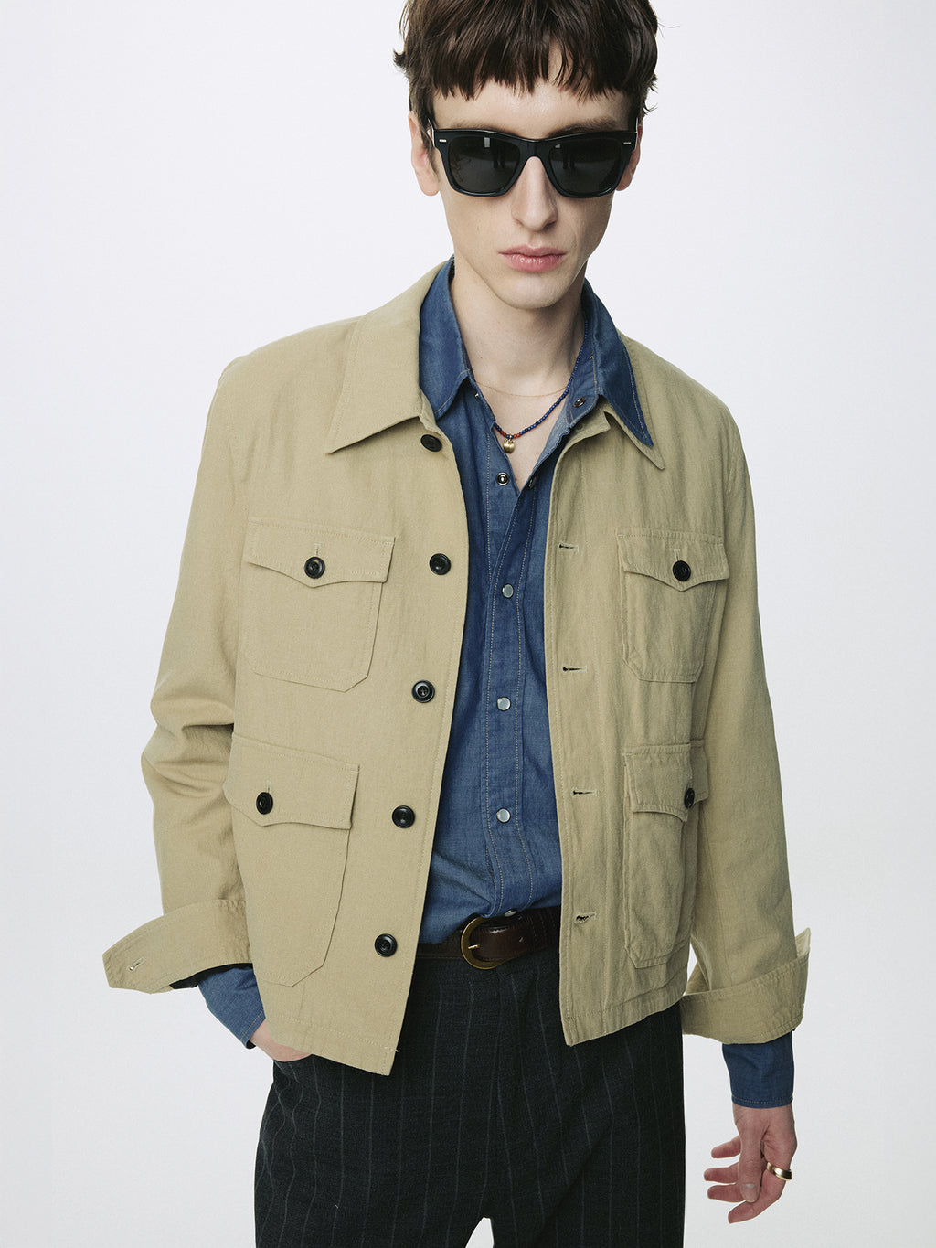 COTTON LINEN CROPPED SAFARI JACKET_ SAND