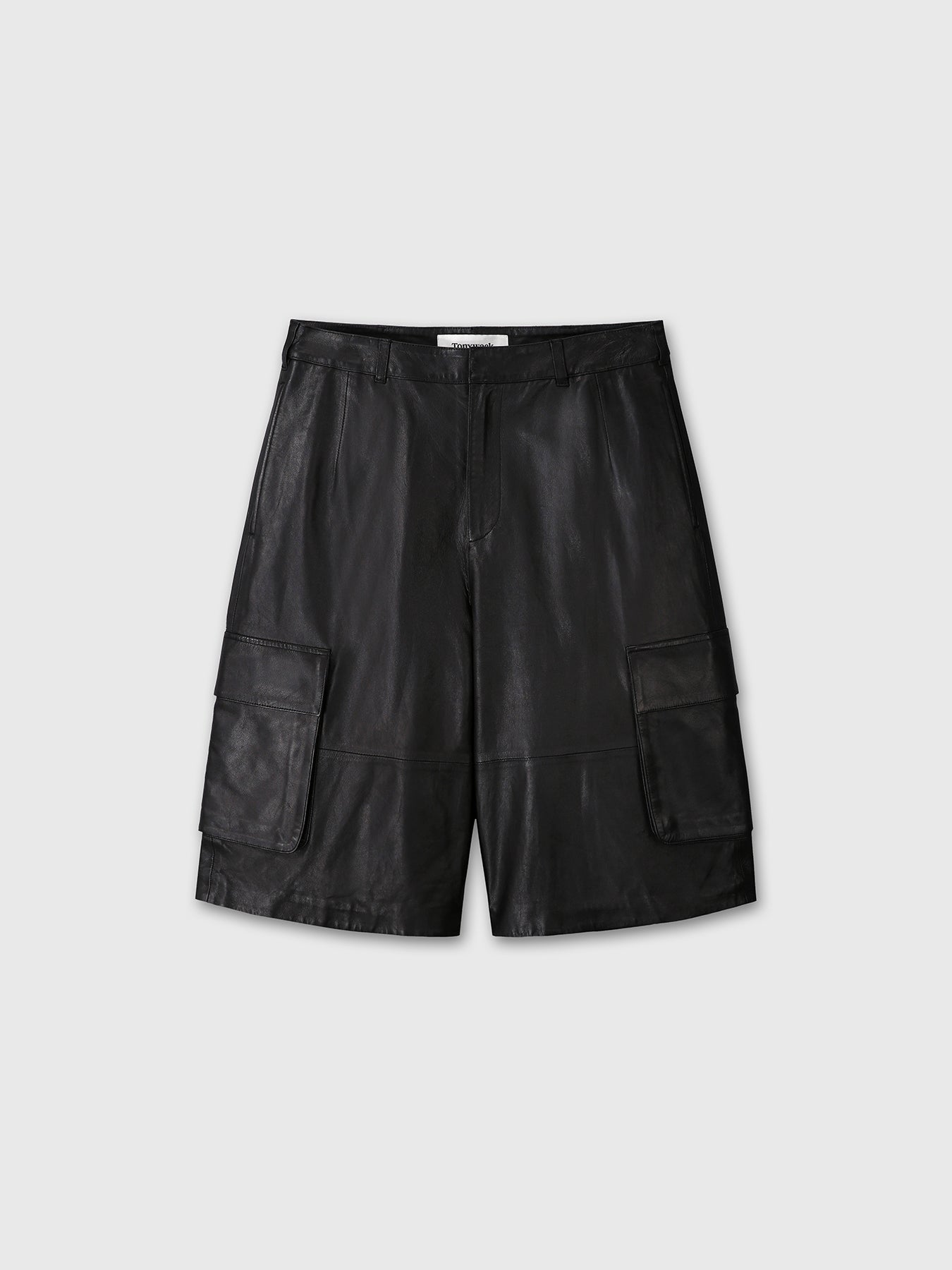(W) LAMB LEATHER CARGO SHORTS_ BLACK