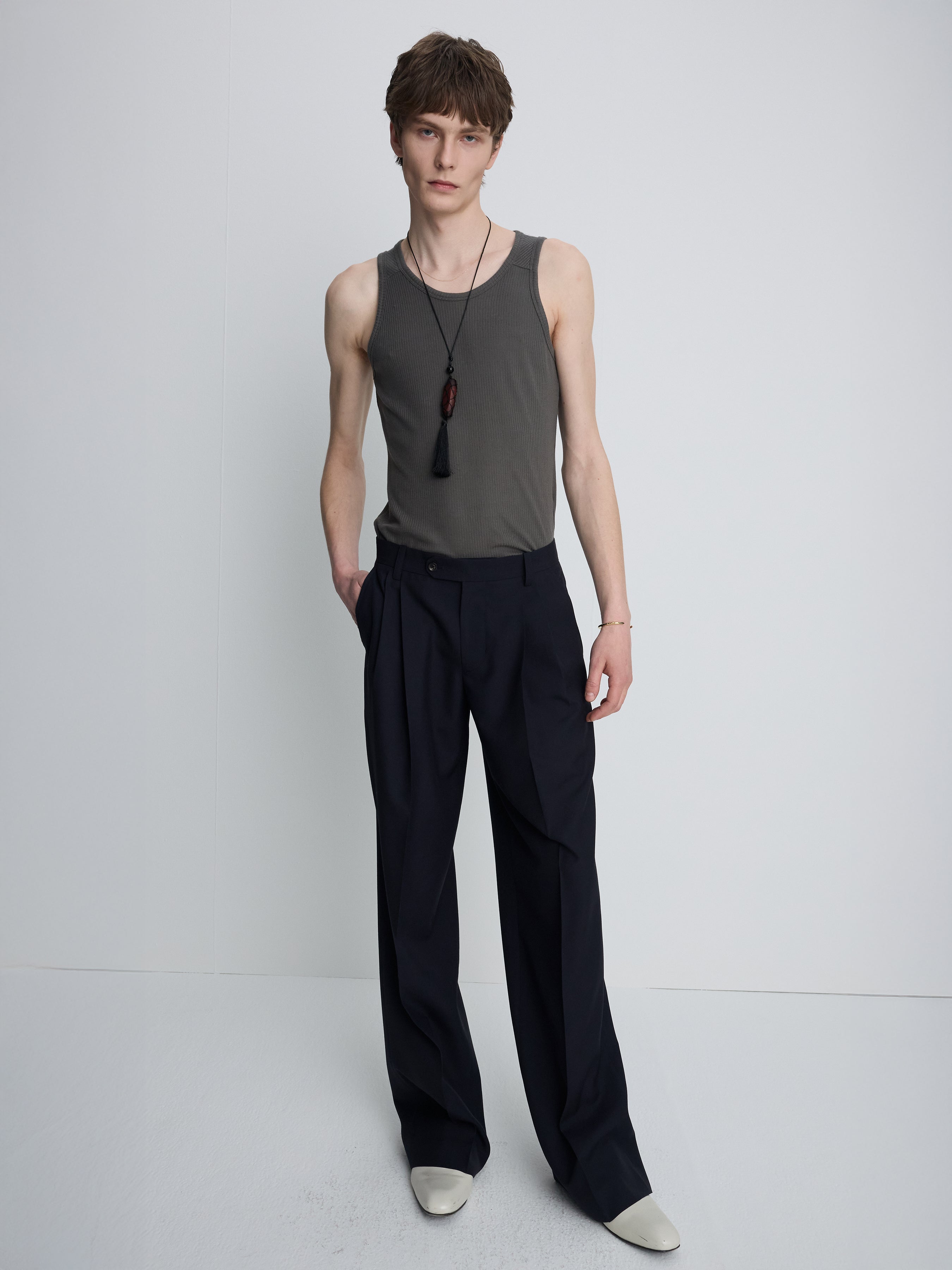 SILK LYOCELL RIB TANK TOP (JAPANESE FABRIC)_ OLIVE CHARCOAL