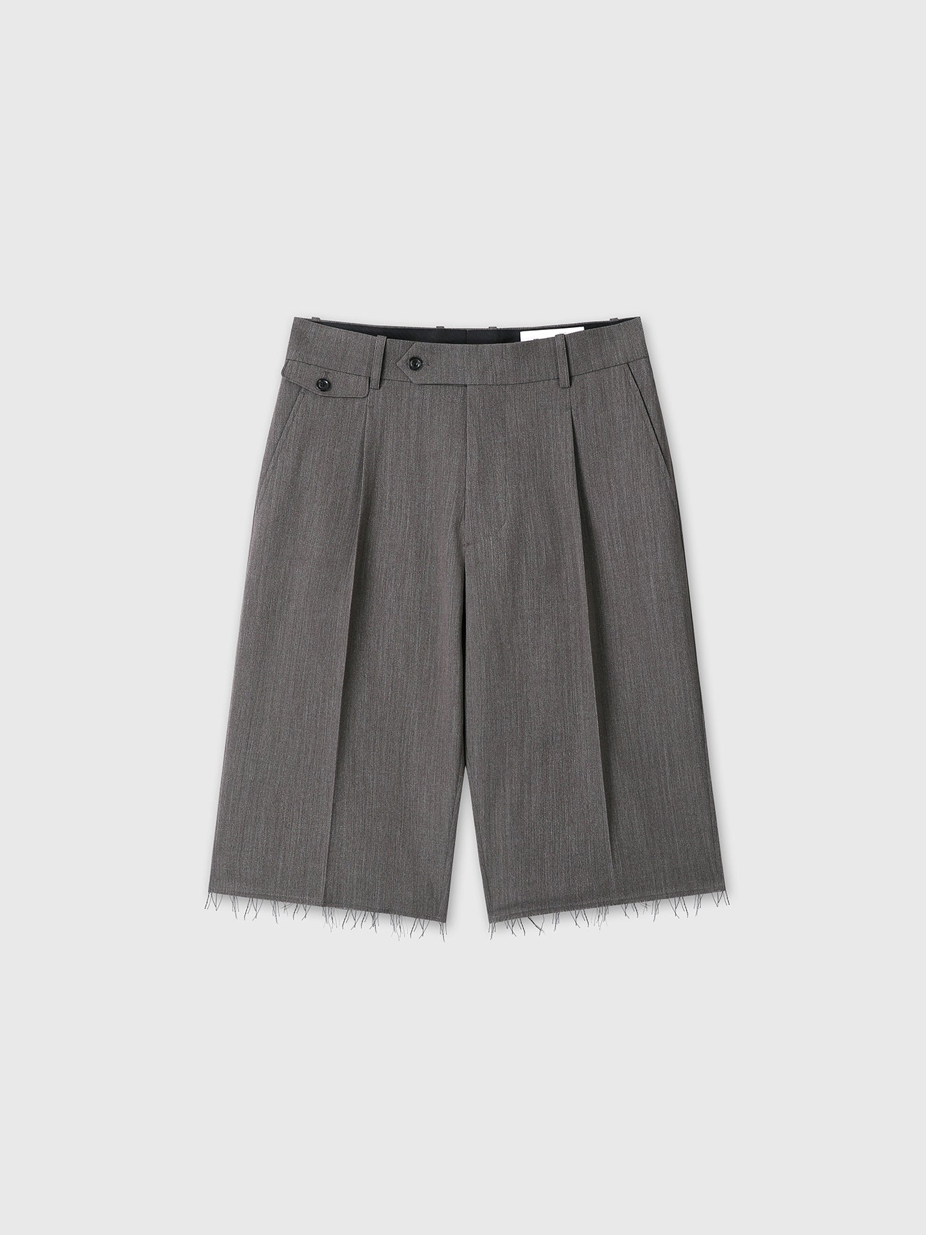 RAW-CUT WOOL PLEATED TAILORED SHORTS_ MELANGE GREY