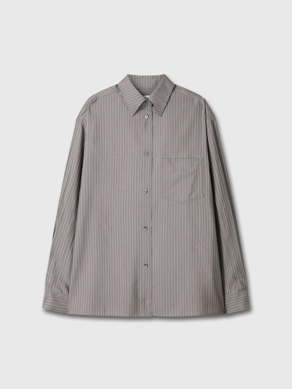 (W) SILK WOOL OVERSIZED RAW EDGE SHIRT_ DARK GREY STRIPE