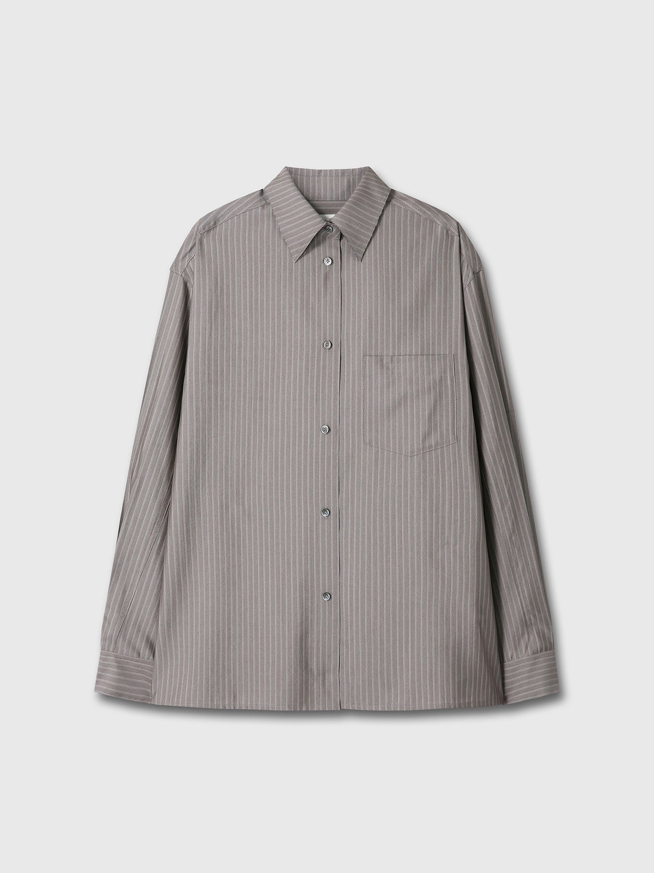 (W) SILK WOOL OVERSIZED RAW EDGE SHIRT_ DARK GREY STRIPE