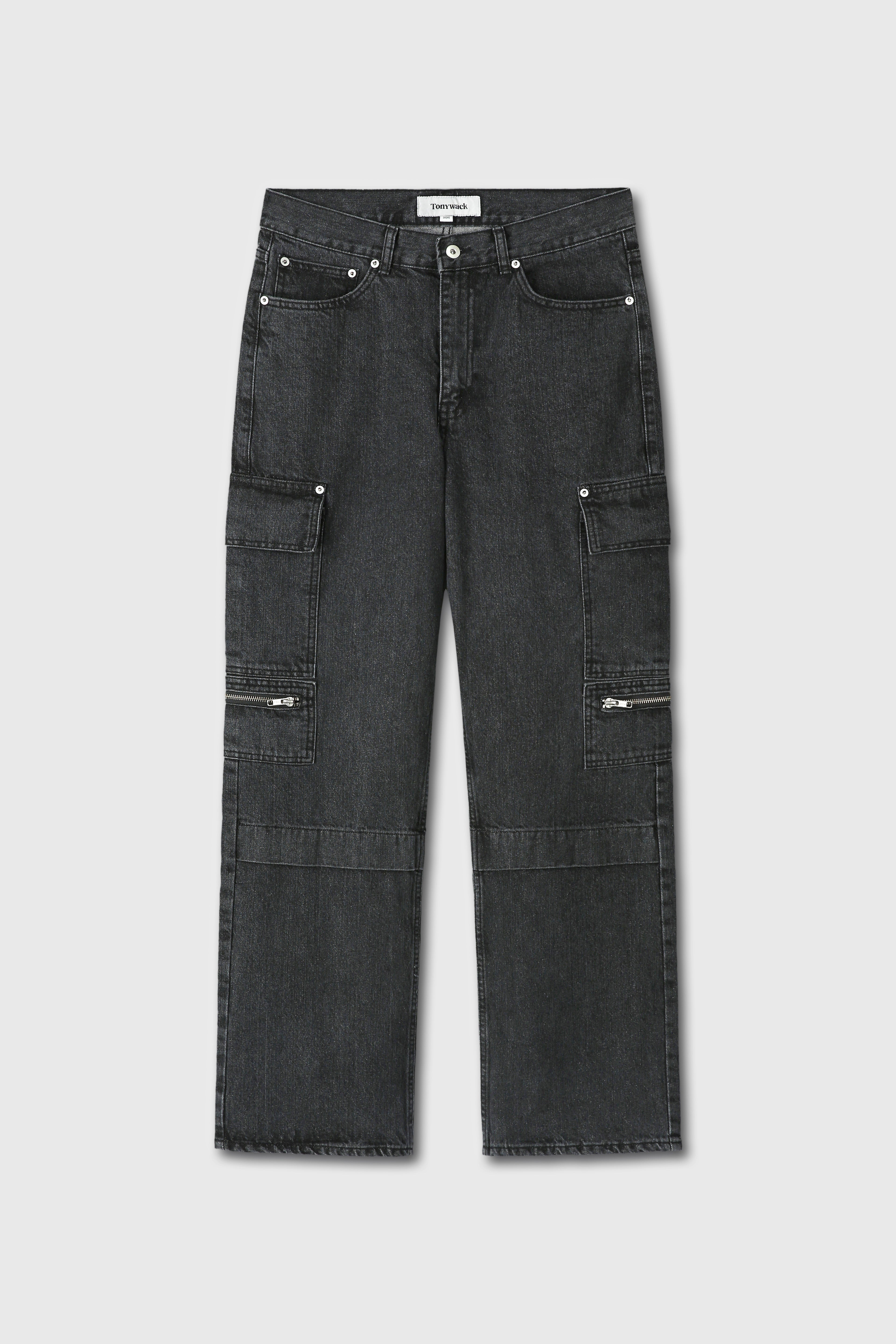 Relaxed Cut Denim Cargo Jeans_ Faded Black