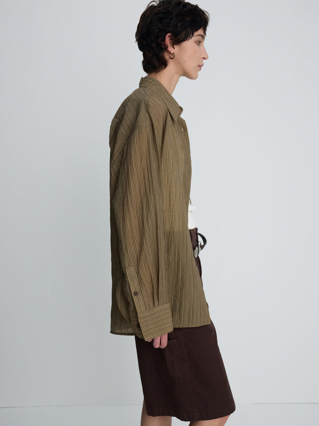 (W) LYOCELL OVERSIZED STRIPE SHIRT_ OLIVE STRIPE