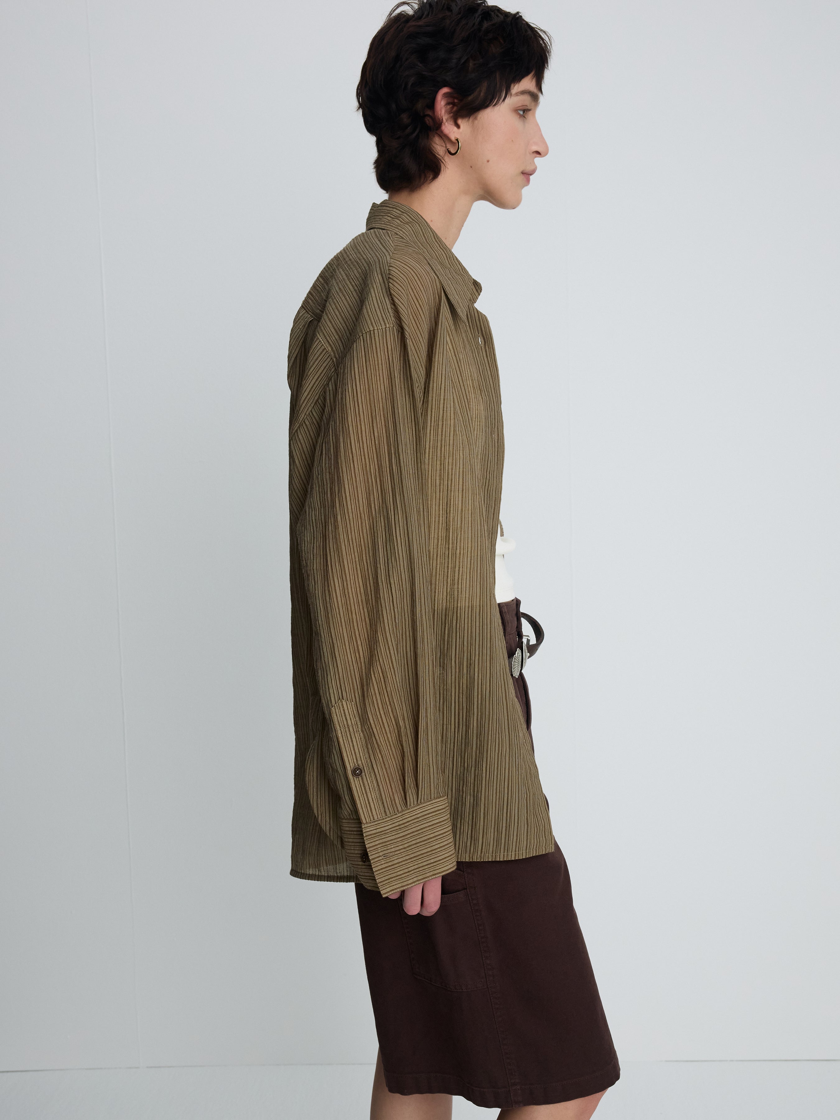 (W) LYOCELL OVERSIZED STRIPE SHIRT_ OLIVE STRIPE