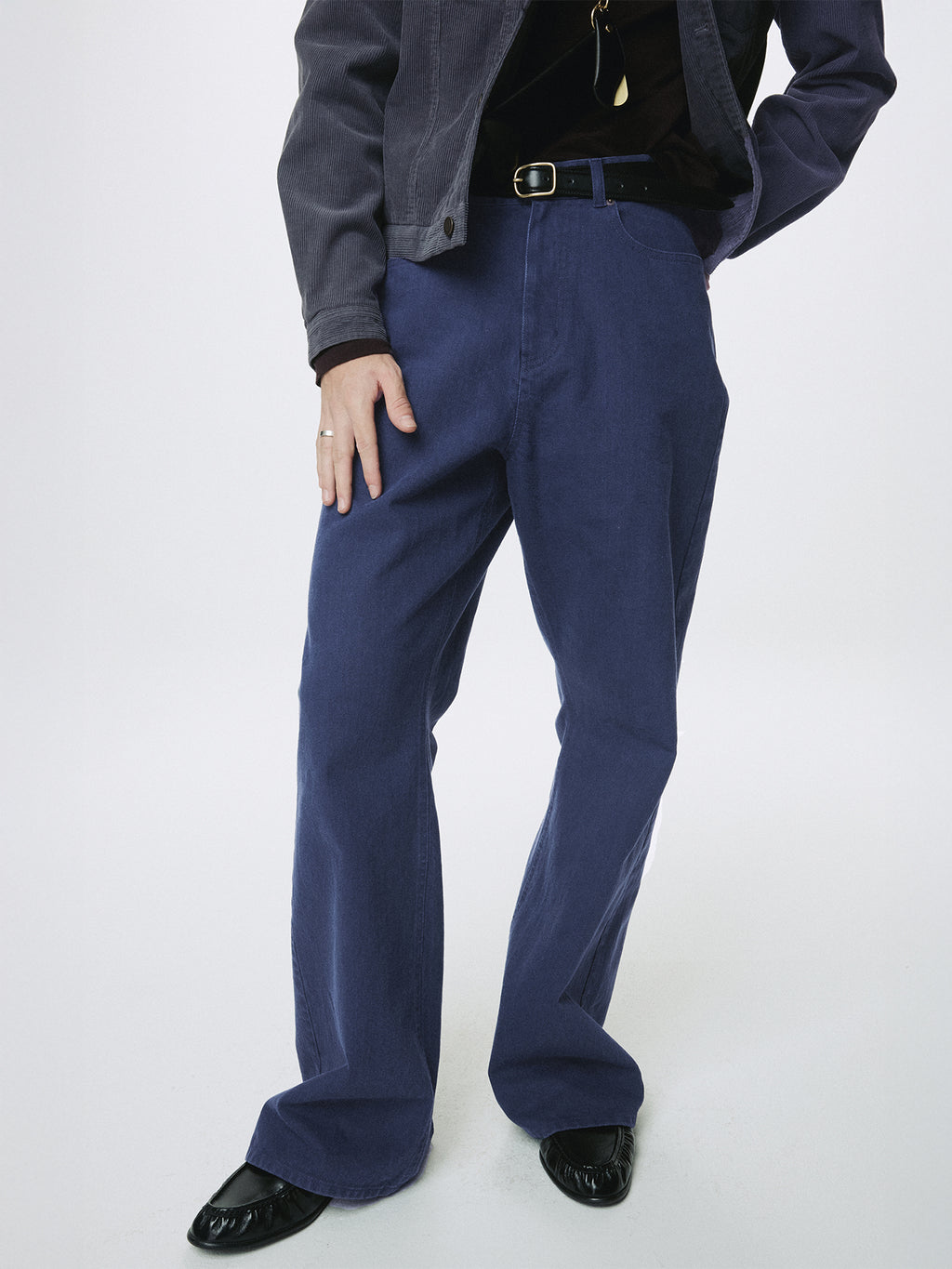 WASHED COTTON TWILL LOOSE FLARED JEANS_ PURPLE BLUE