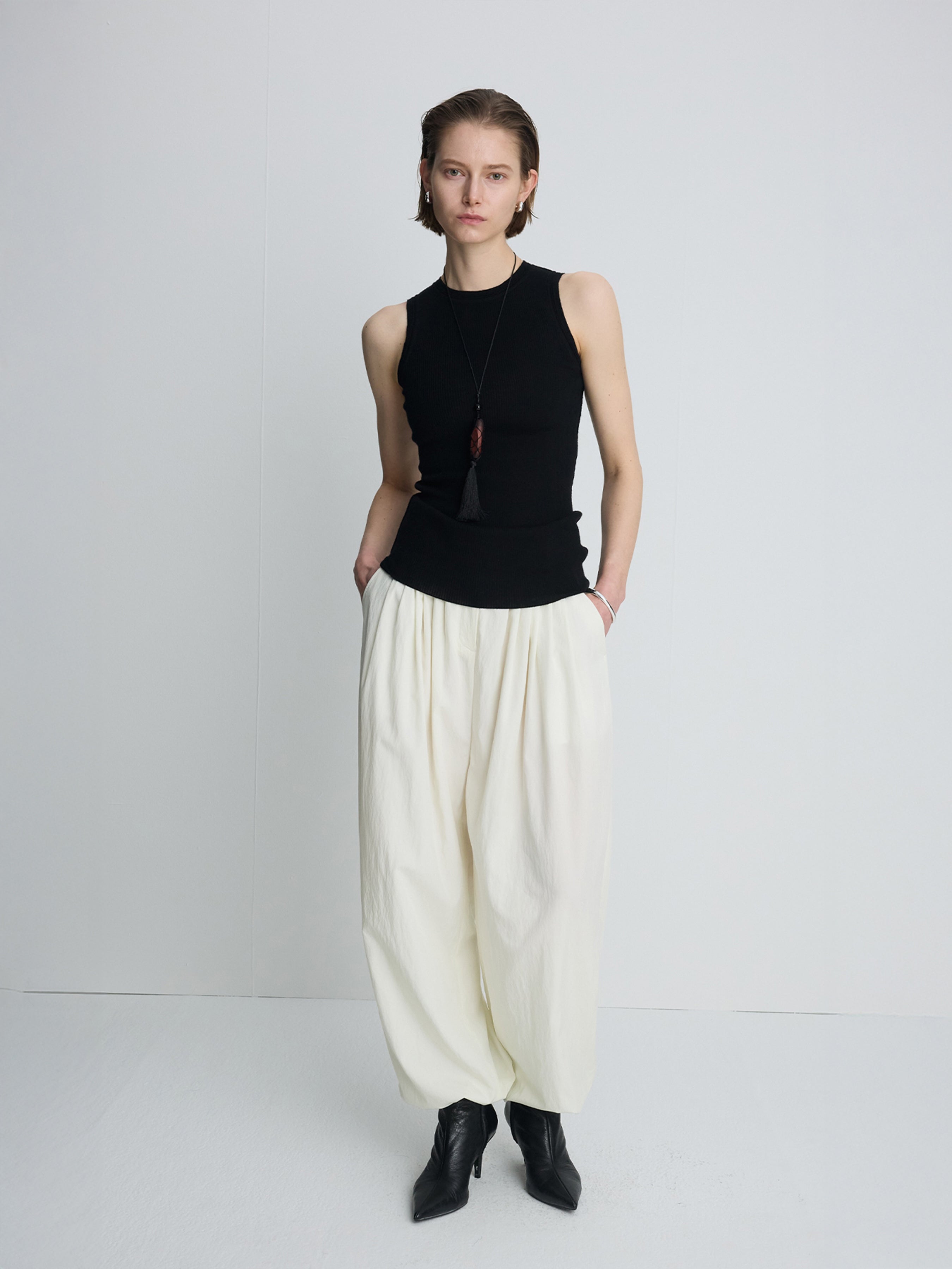 (W) WOOL CASHMERE RIBBED TANK TOP_ BLACK