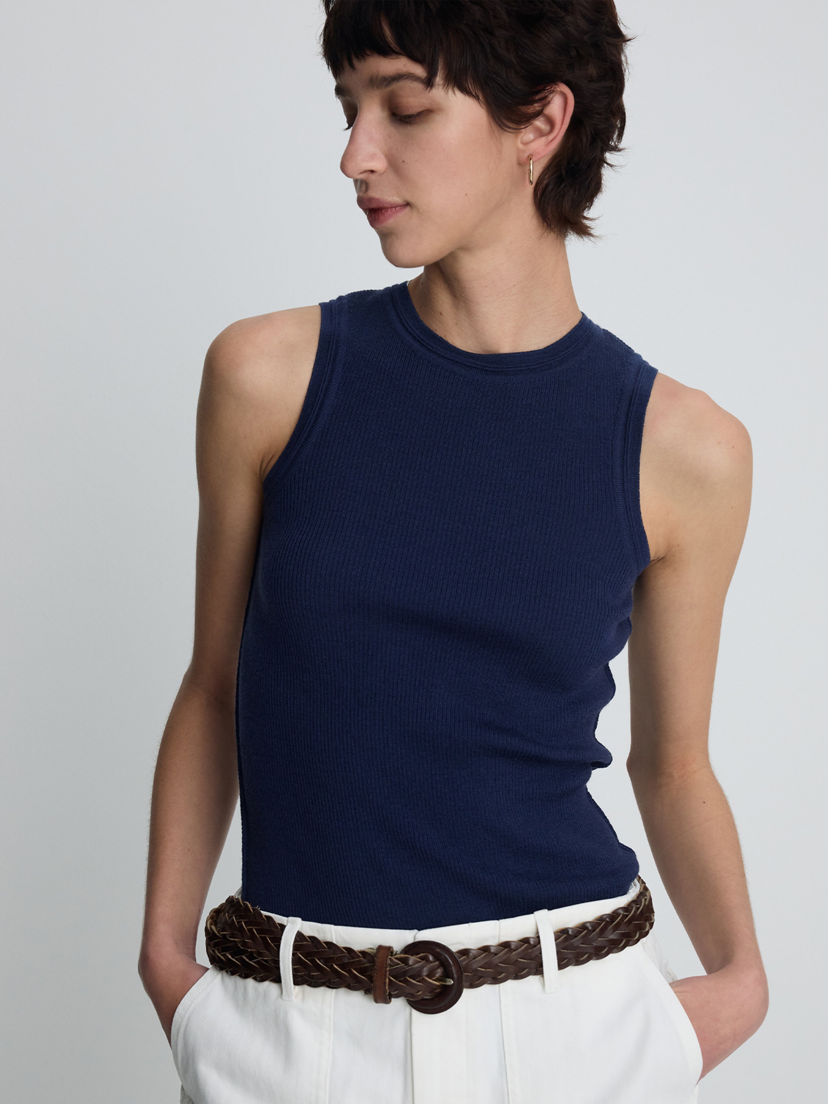 (W) WOOL CASHMERE RIBBED TANK TOP_ NAVY