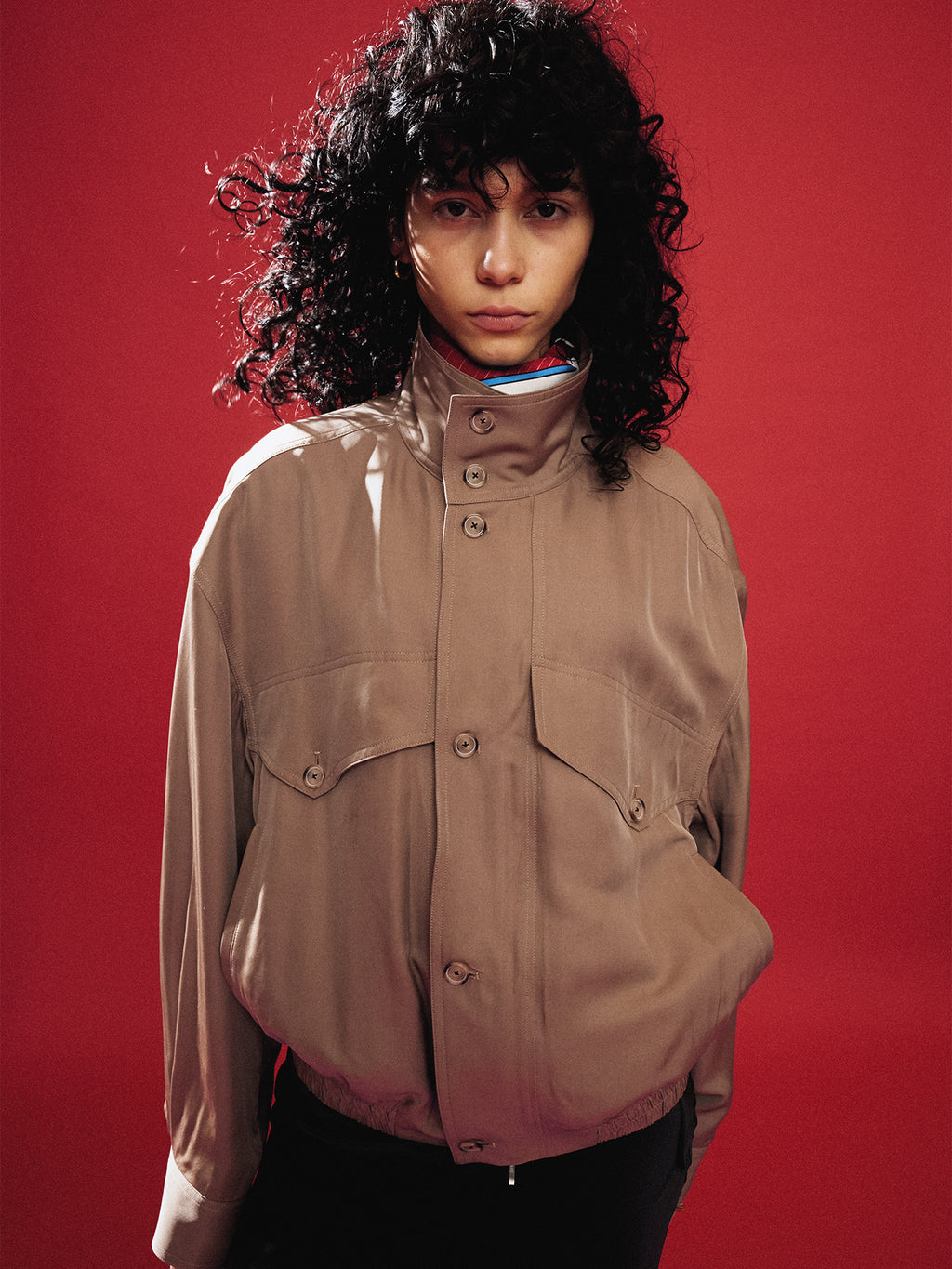 (W) OVERSIZED STAND COLLAR BLOUSON_ SAND