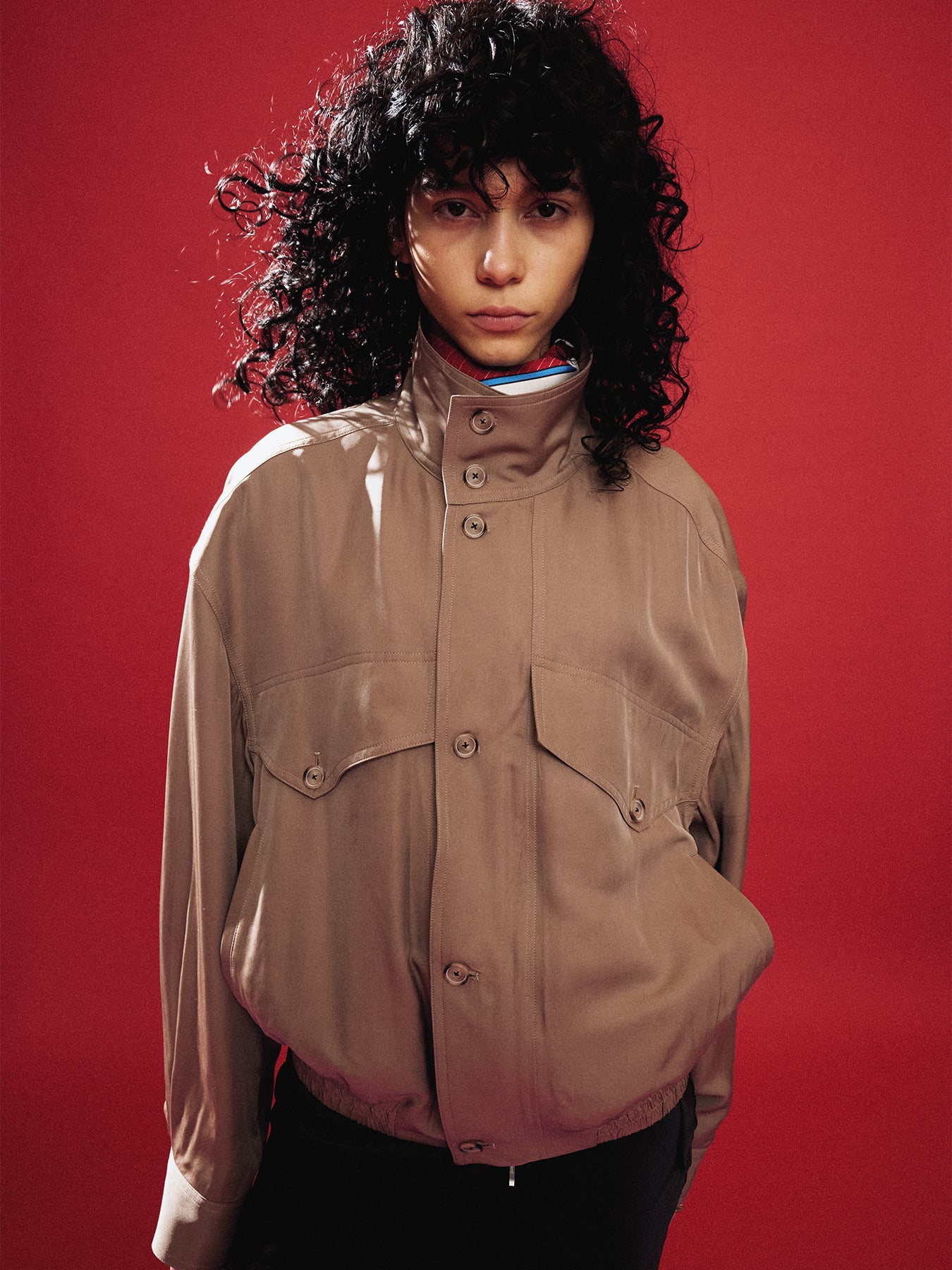 (W) OVERSIZED STAND COLLAR BLOUSON_ SAND