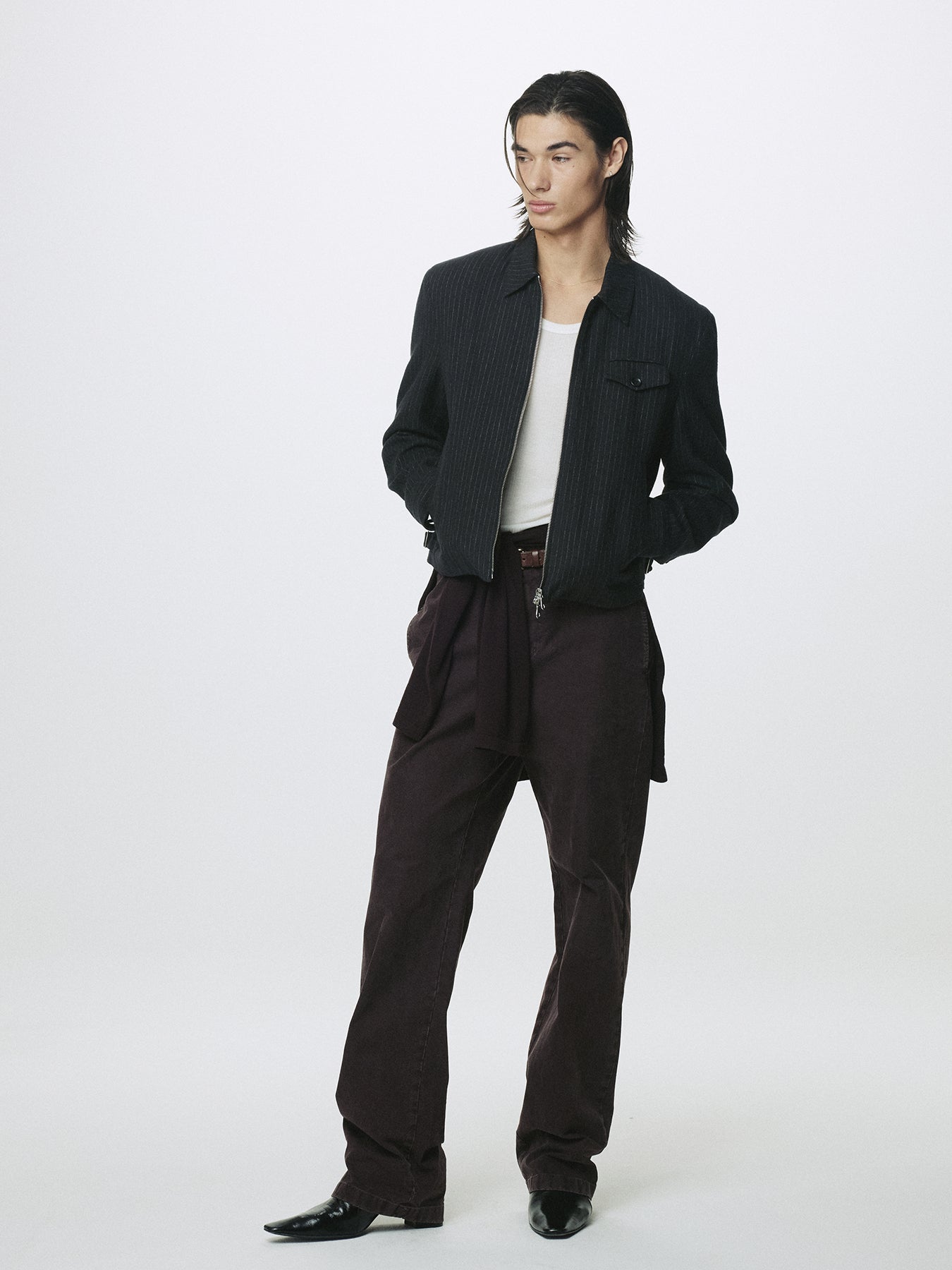 WASHED STRIPED WOOL COTTON BLOUSON_ WASHED  BLACK