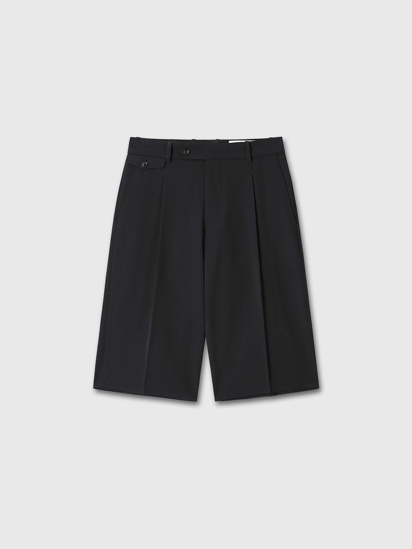 RAW-CUT WOOL PLEATED TAILORED SHORTS_ DARK NAVY