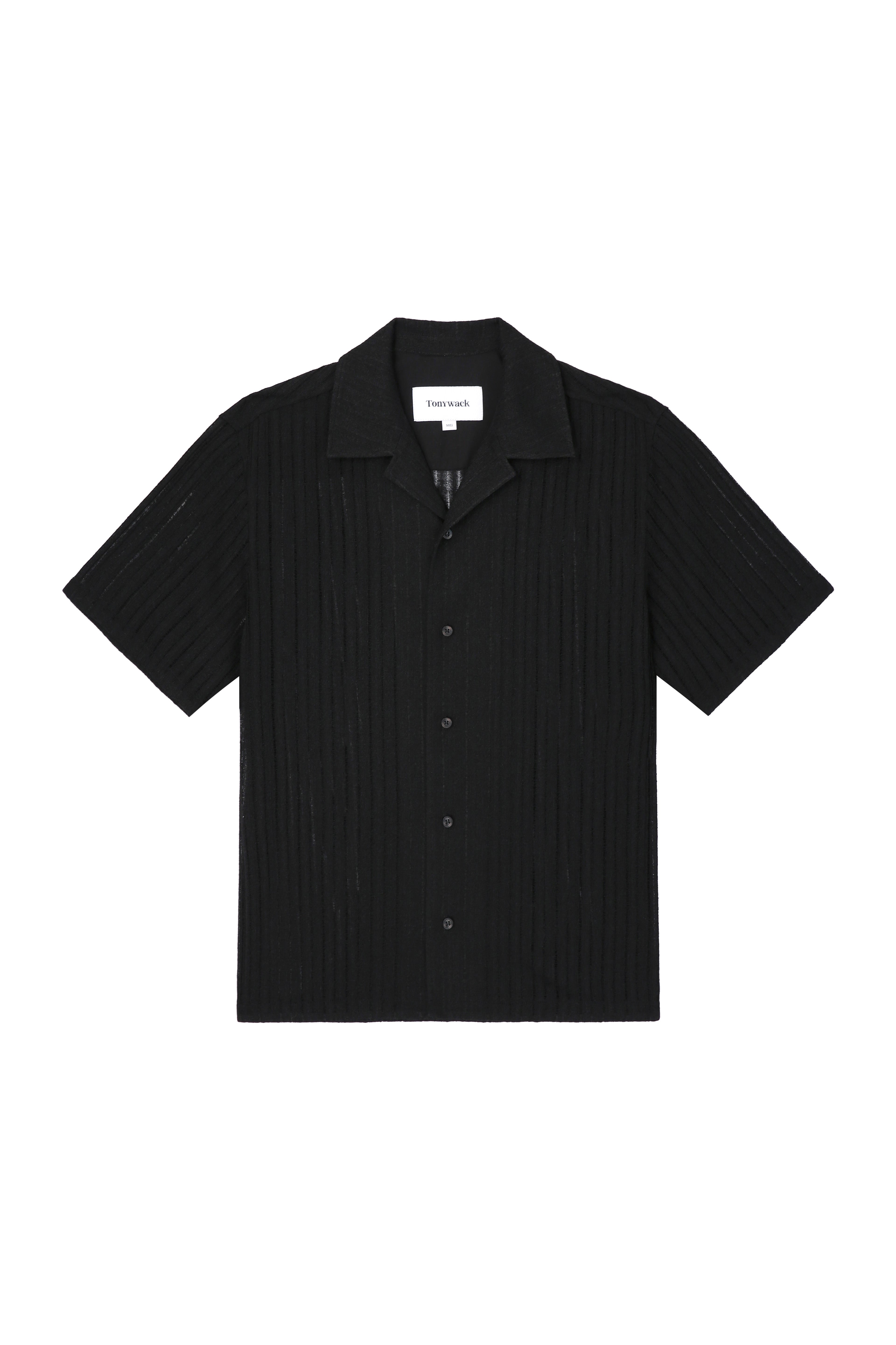 Crochet Camp Collar Half Sleeve Shirt_ Black
