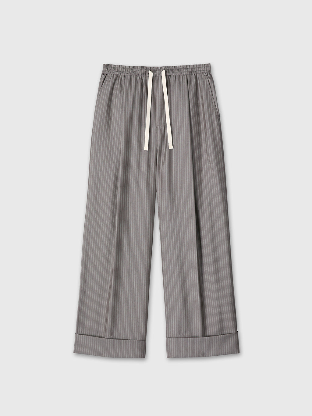 (W) SILK WOOL WIDE LEG PAJAMA TROUSERS_ DARK GREY STRIPE