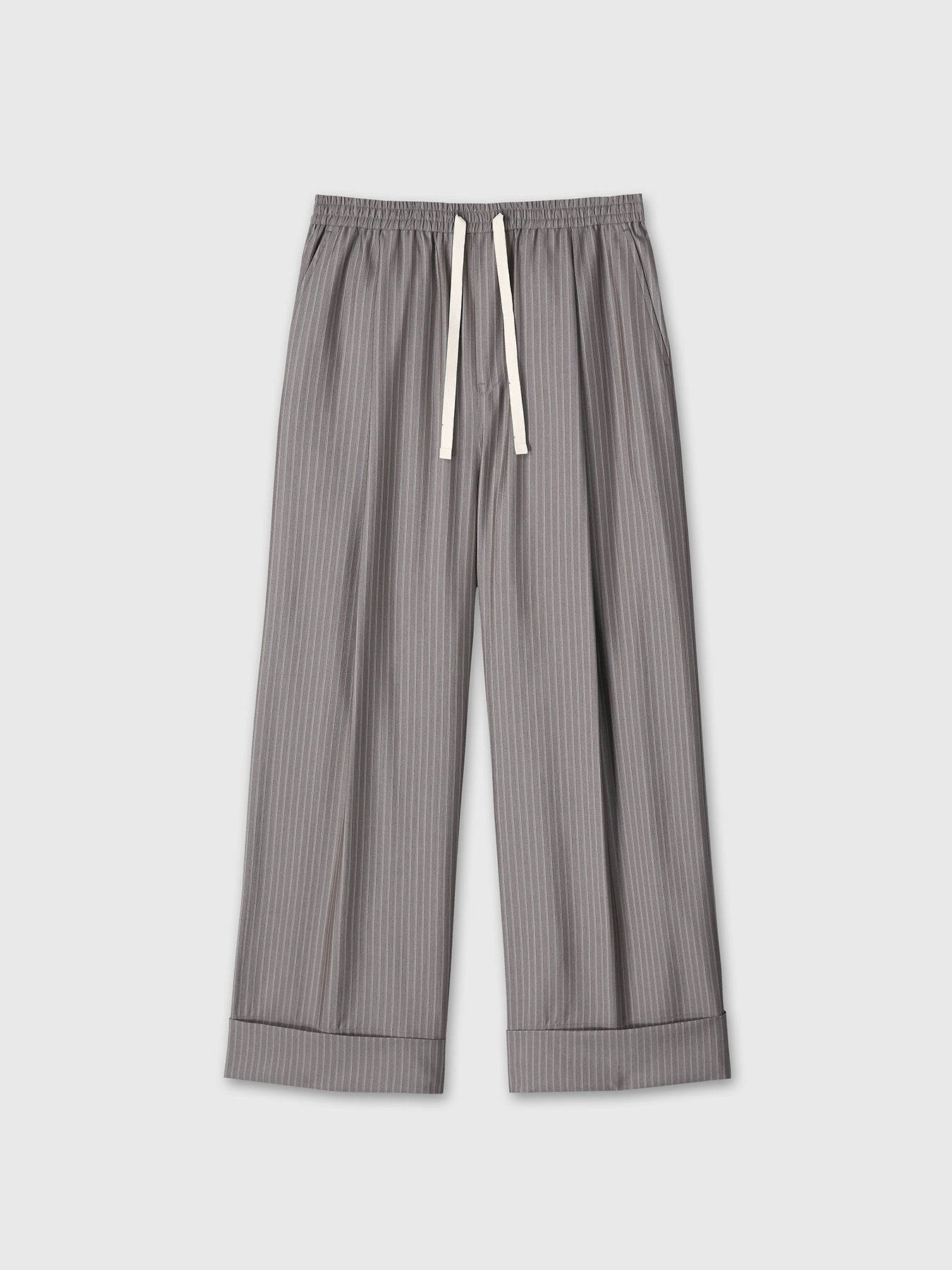(W) SILK WOOL WIDE LEG PAJAMA TROUSERS_ DARK GREY STRIPE