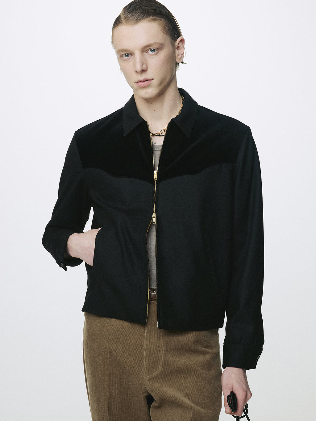 WOOL VELVET TRIMMED BLOUSON JACKET_ BLACK