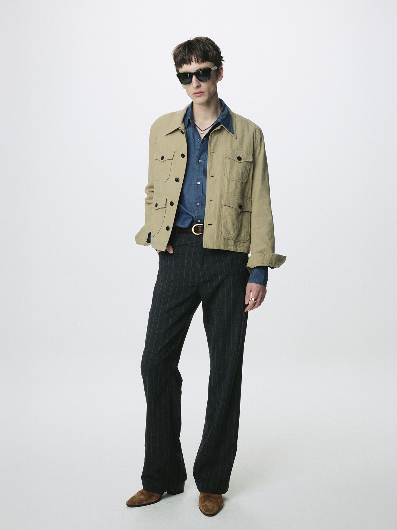 STRIPED WOOL FLARED-LEG PANTS_ GREY