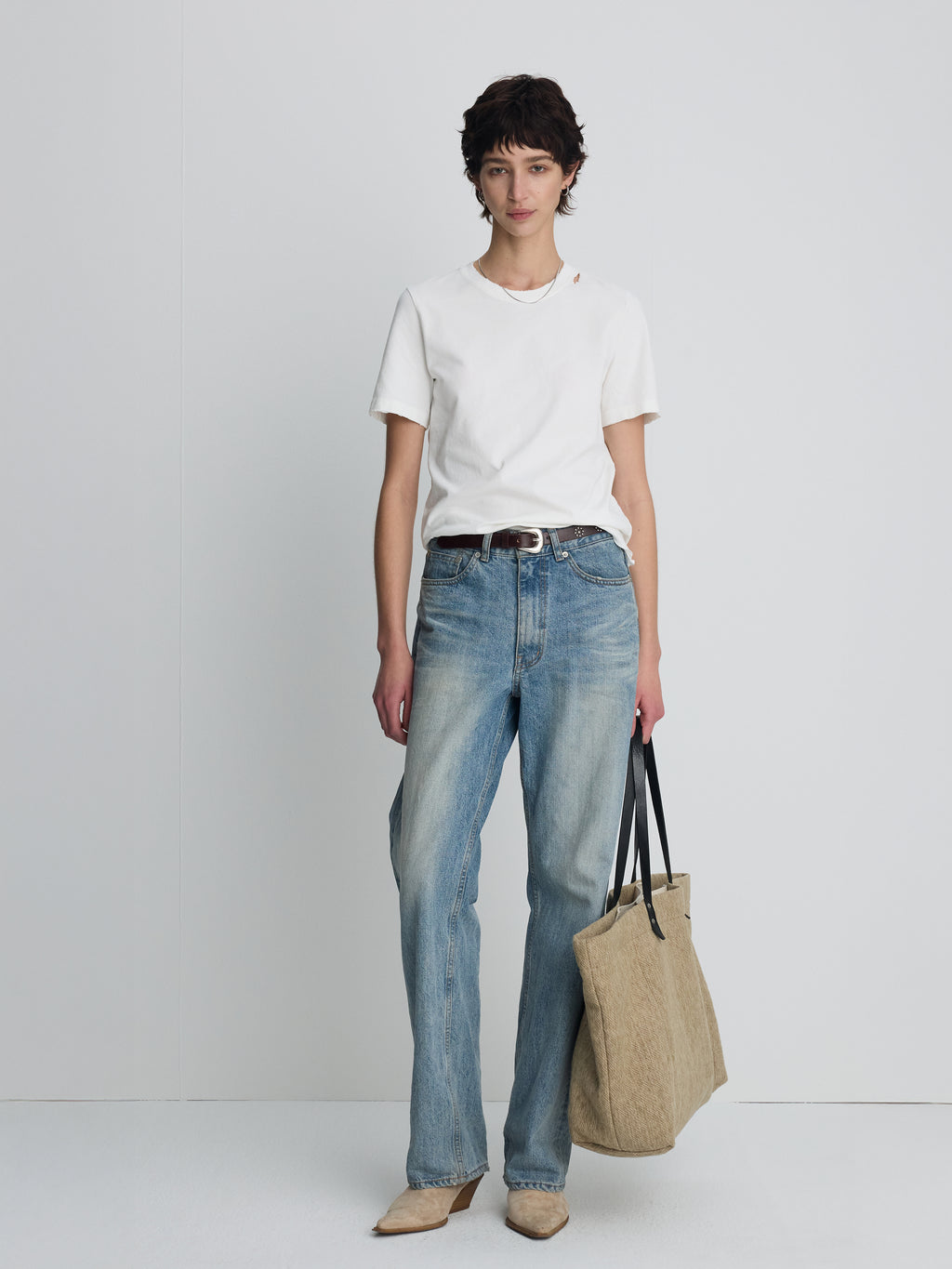 (W) HAND DISTRESSED VINTAGE COTTON T-SHIRT_ WHITE