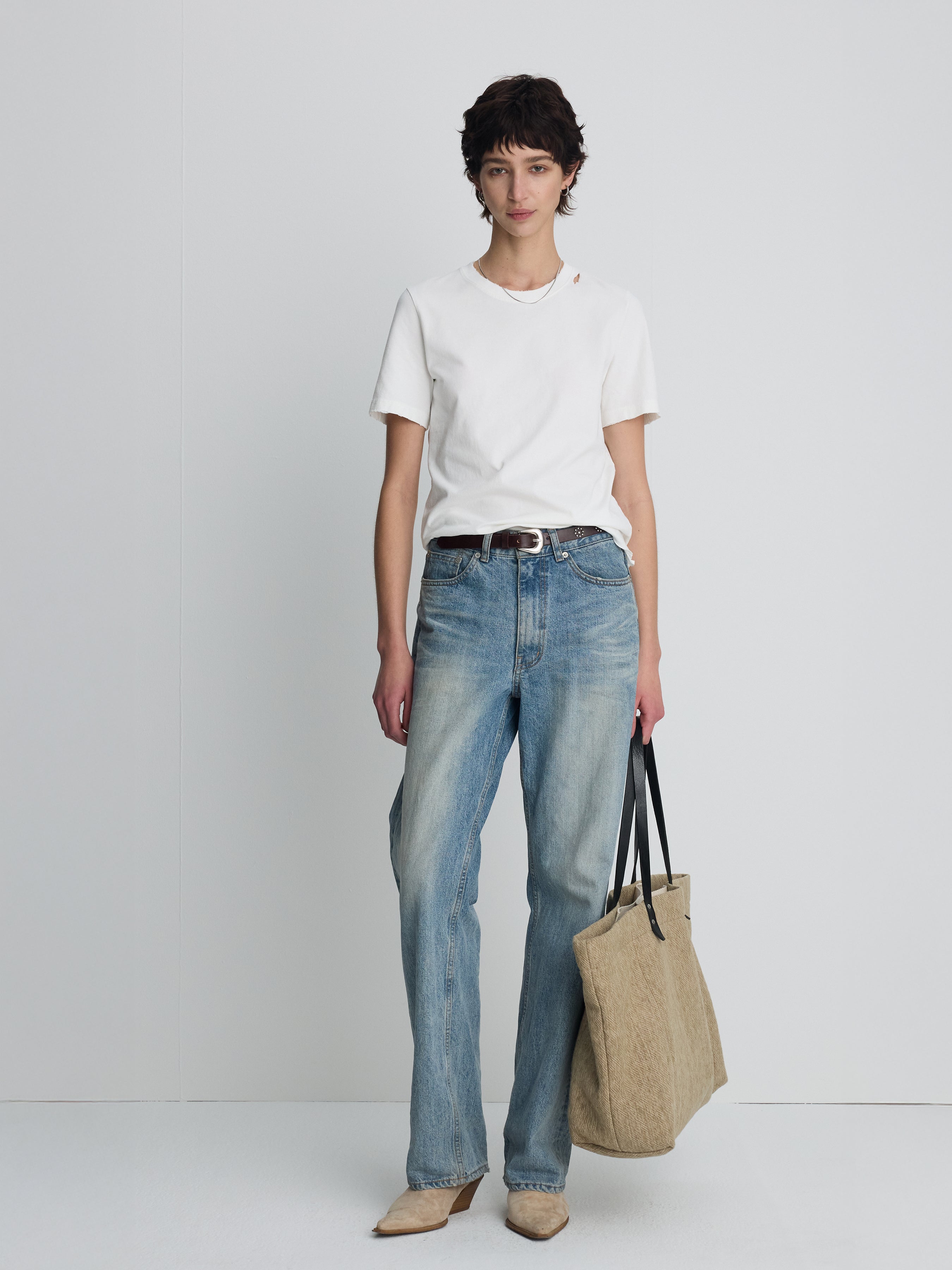 (W) HAND DISTRESSED VINTAGE COTTON T-SHIRT_ WHITE