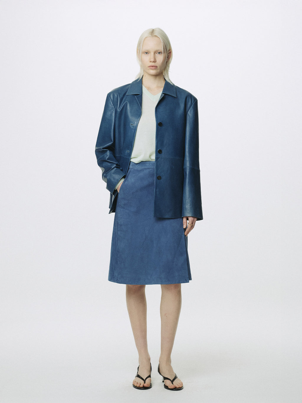 (W) VEGETABLE TANNED LAMB LEATHER OPEN COLLAR JACKET_ MID BLUE