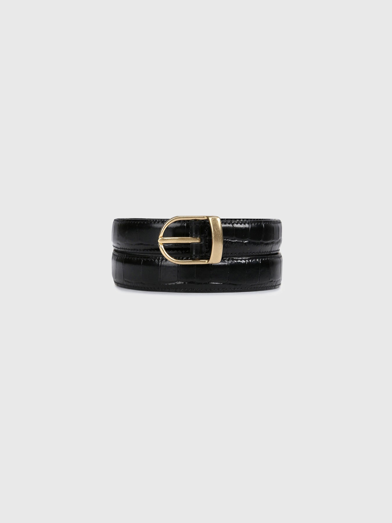 CROCODILE-EMBOSSED LEATHER BRASS BUCKLE BELT_ BLACK