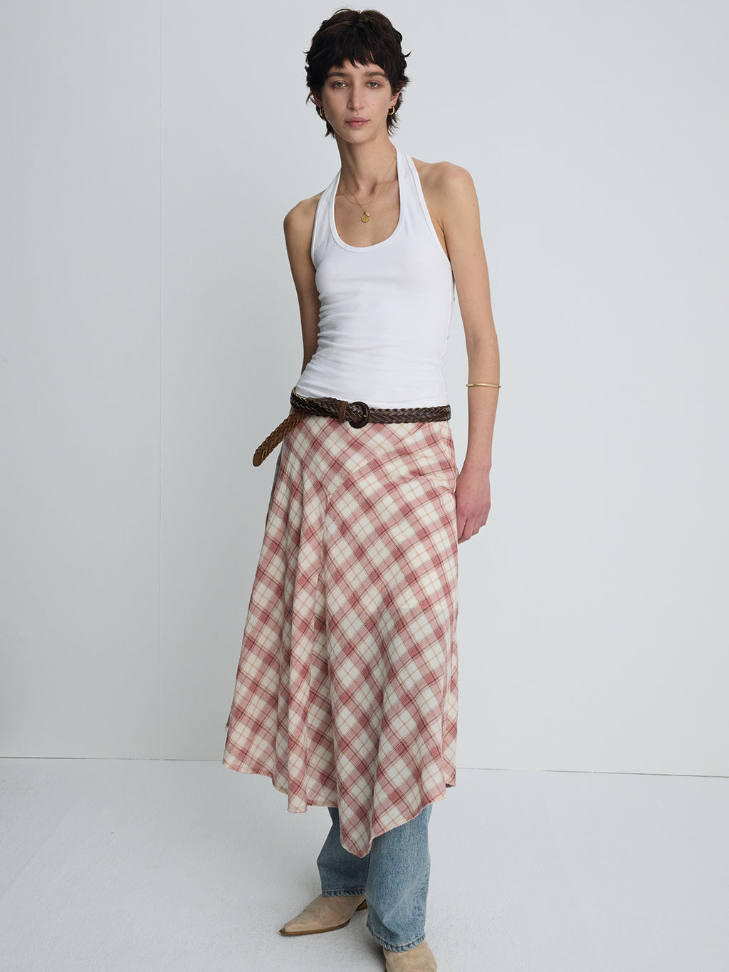 (W) COTTON CHECK PATCHWORK SKIRT_ PINK CHECK