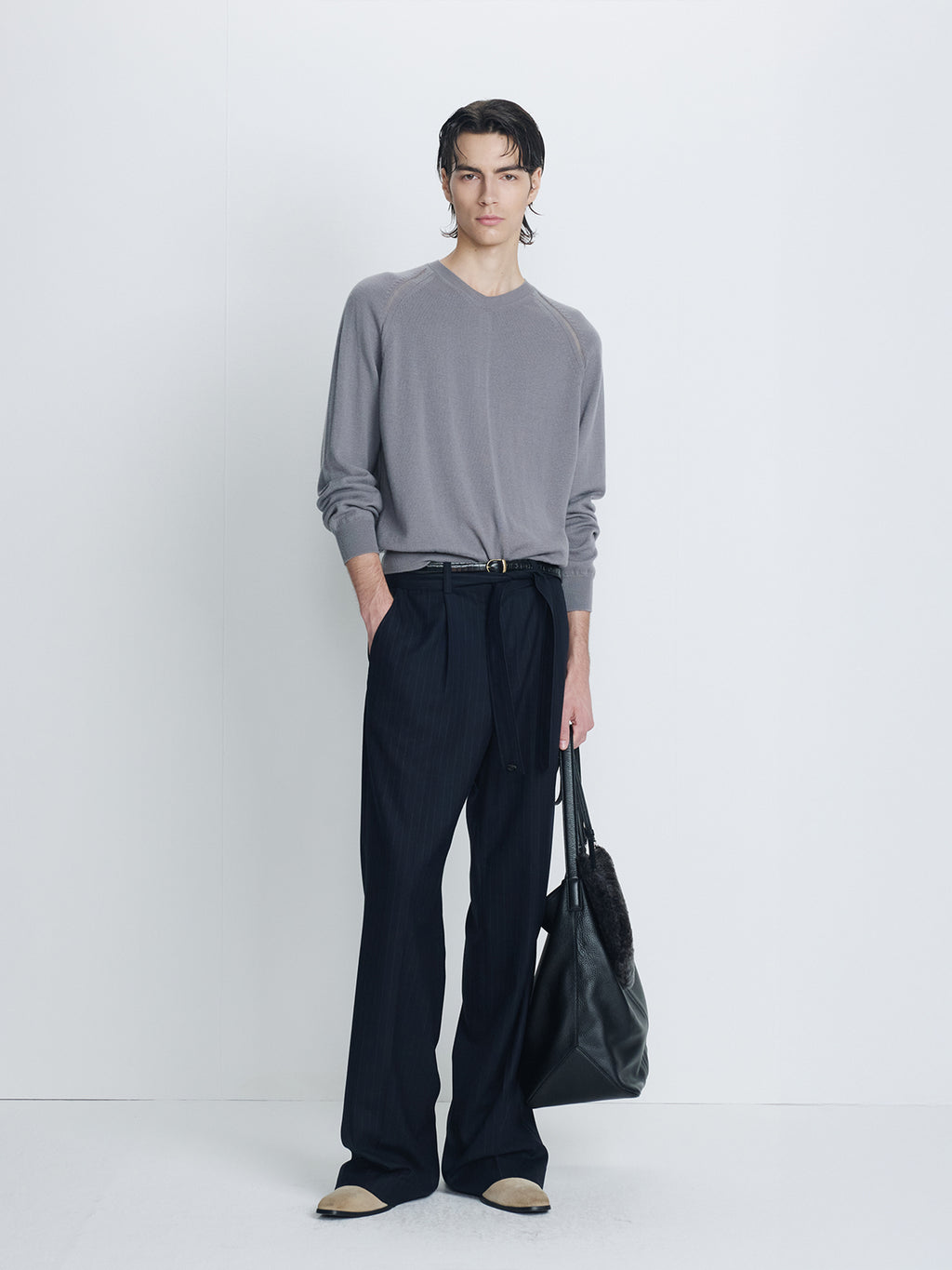 PINSTRIPED WOOL BELTED TROUSERS_ NAVY PINSTRIPE