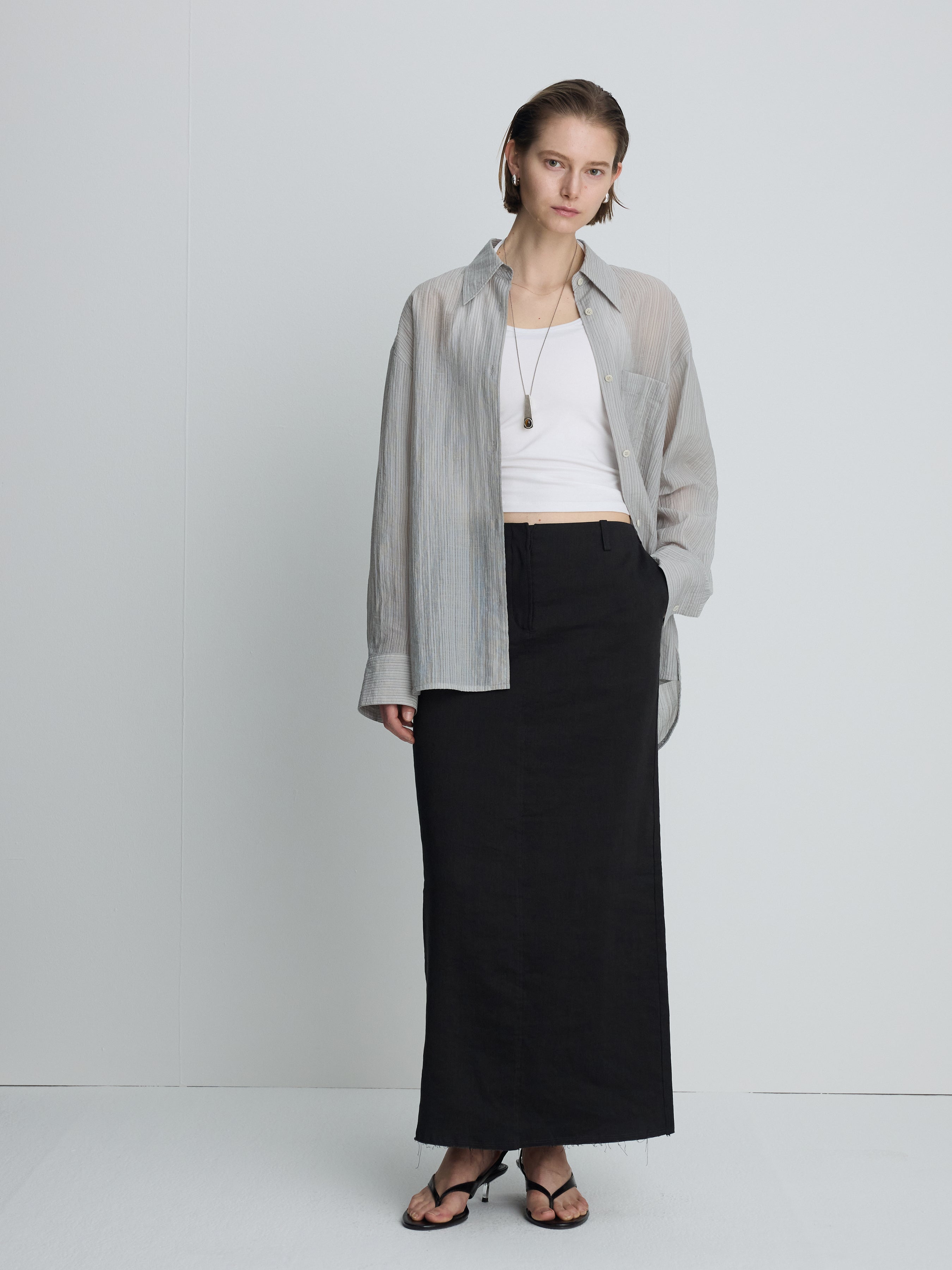 (W) LYOCELL OVERSIZED STRIPE SHIRT_ GREY