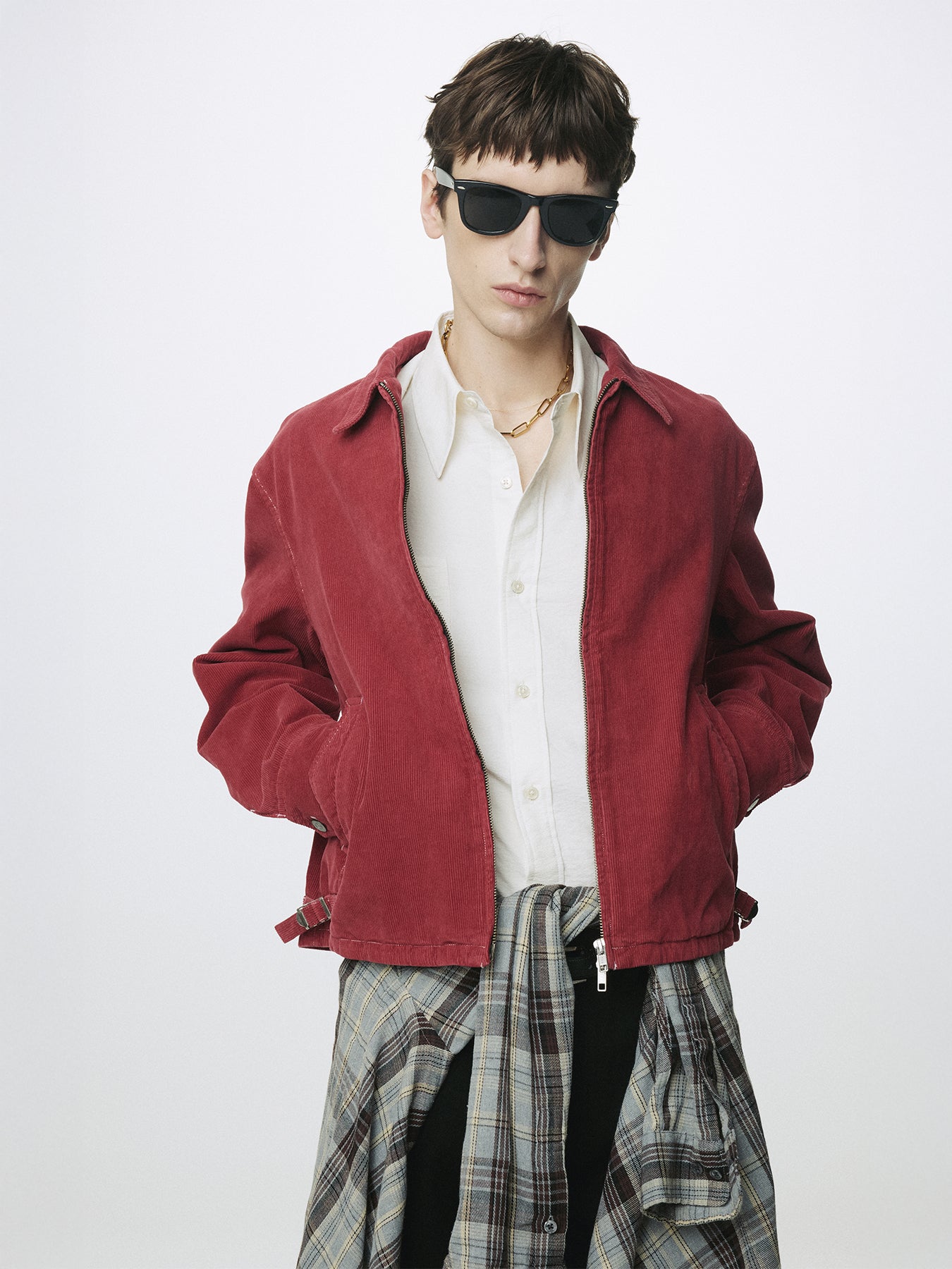 GARMENT DYED CORDUROY ZIP JACKET_ FADED RED