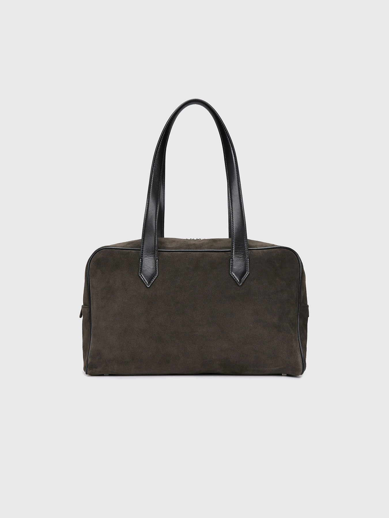 (W)  LEATHER TRIM SUEDE SQUARE VALISE BAG_ DARK PECAN