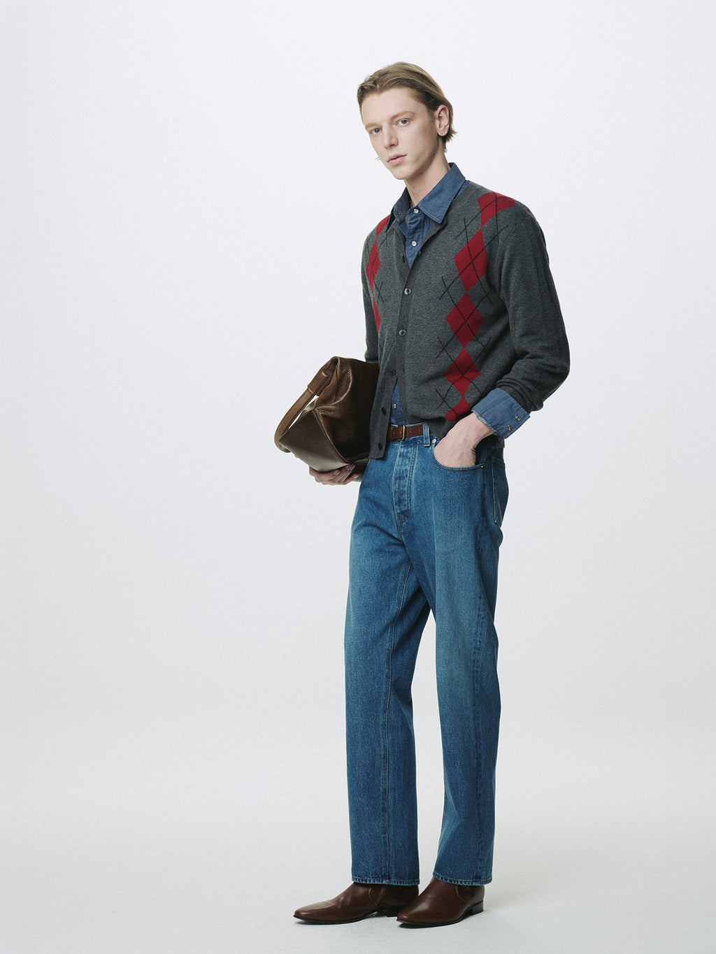 MERINO WOOL ARGYLE CARDIGAN_ GREY/RED