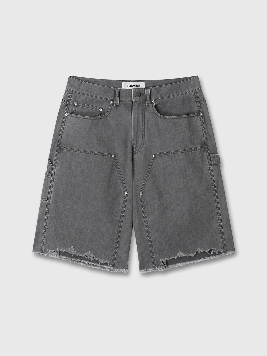 HAND DISTRESSED HBT DOUBLE KNEE SHORTS_ FADED CARBON